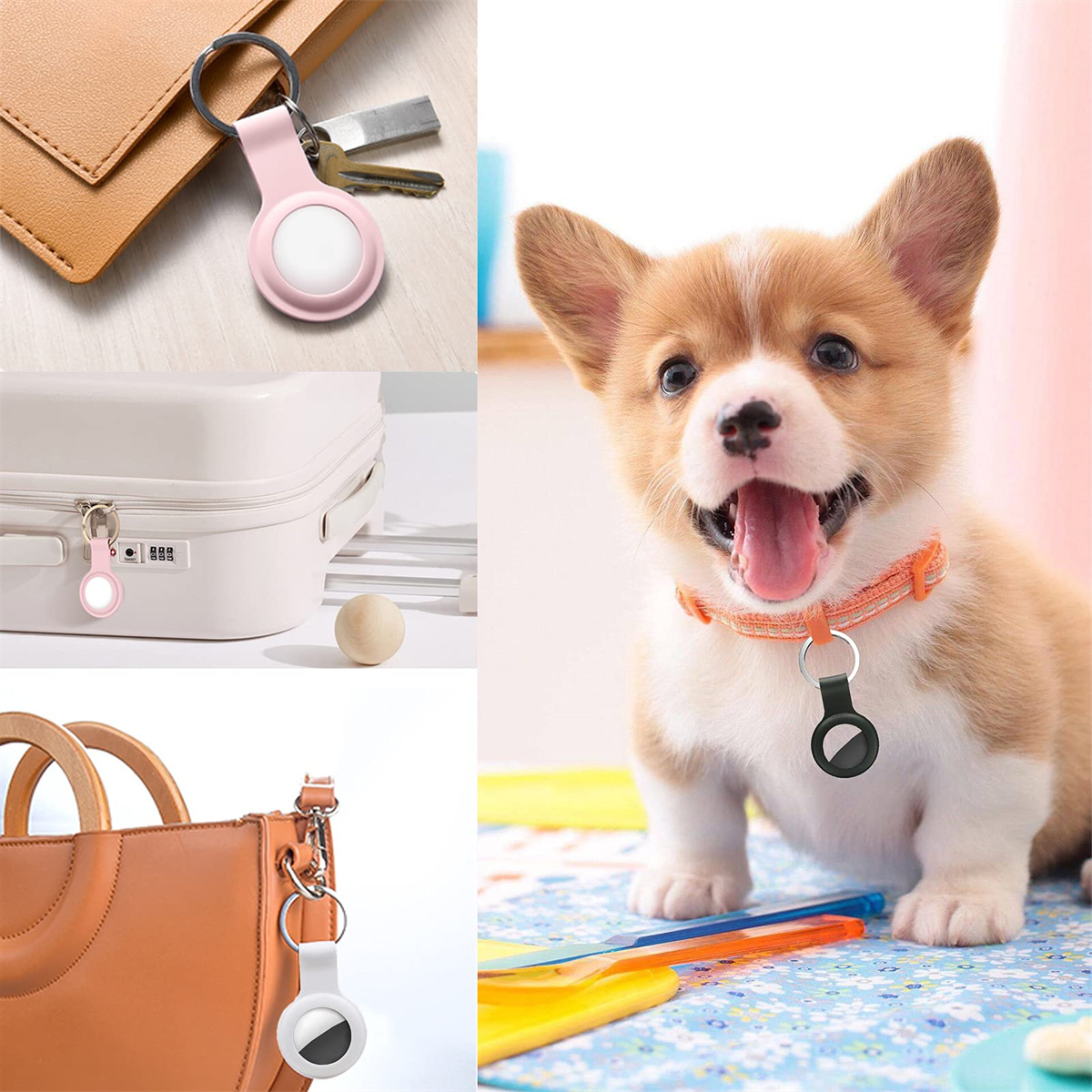 Das Bild zeigt Schlüsselanhänger an einem Hundehalsband, einer Handtasche, einem Koffer und Schlüsseln, alle mit einem Ortungsgerät.