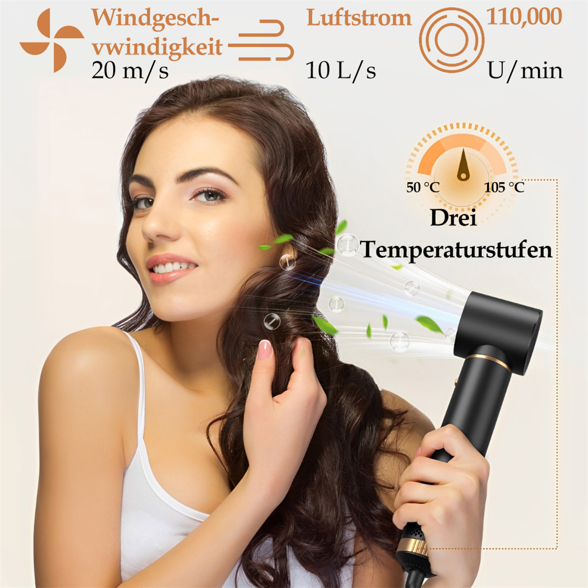 Eine Frau hält einen Haartrockner, mit überlagerten Texten und Grafiken, die Temperatur, Luftstrom und Windgeschwindigkeit veranschaulichen.