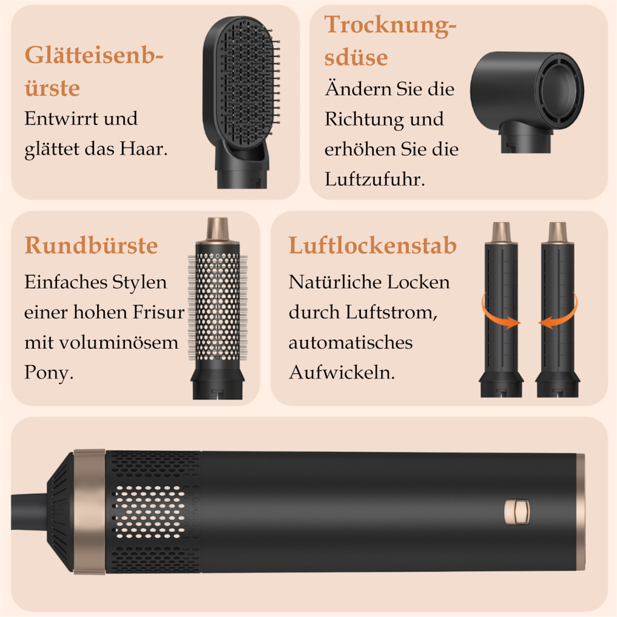 Das Bild zeigt ein Diagramm eines schwarzen und goldenen Haarstyling-Tools mit verschiedenen Aufsätzen und deren Funktionen.