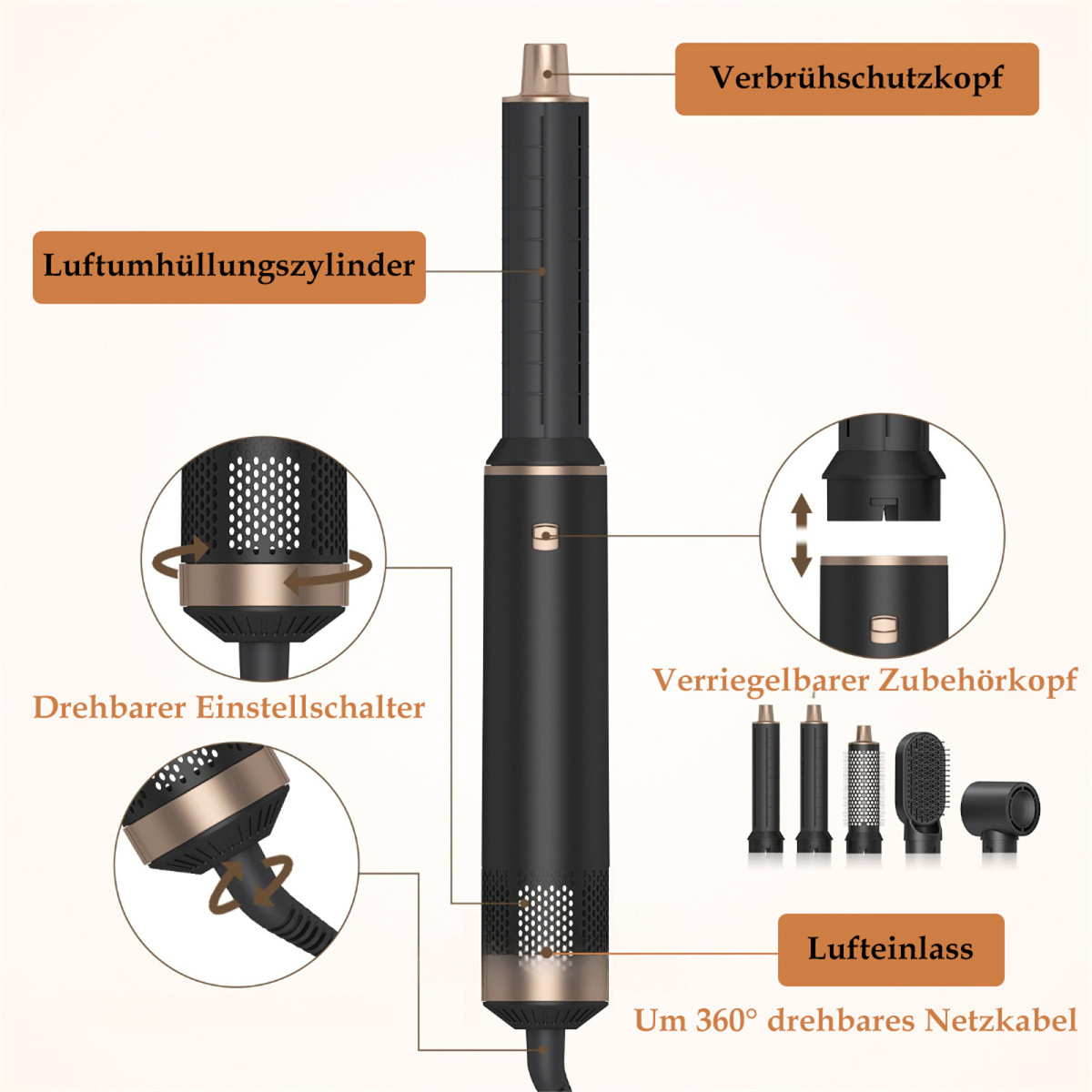 Das Bild zeigt ein Diagramm eines schwarzen und goldenen Haarstyling-Tools mit beschrifteten Teilen.