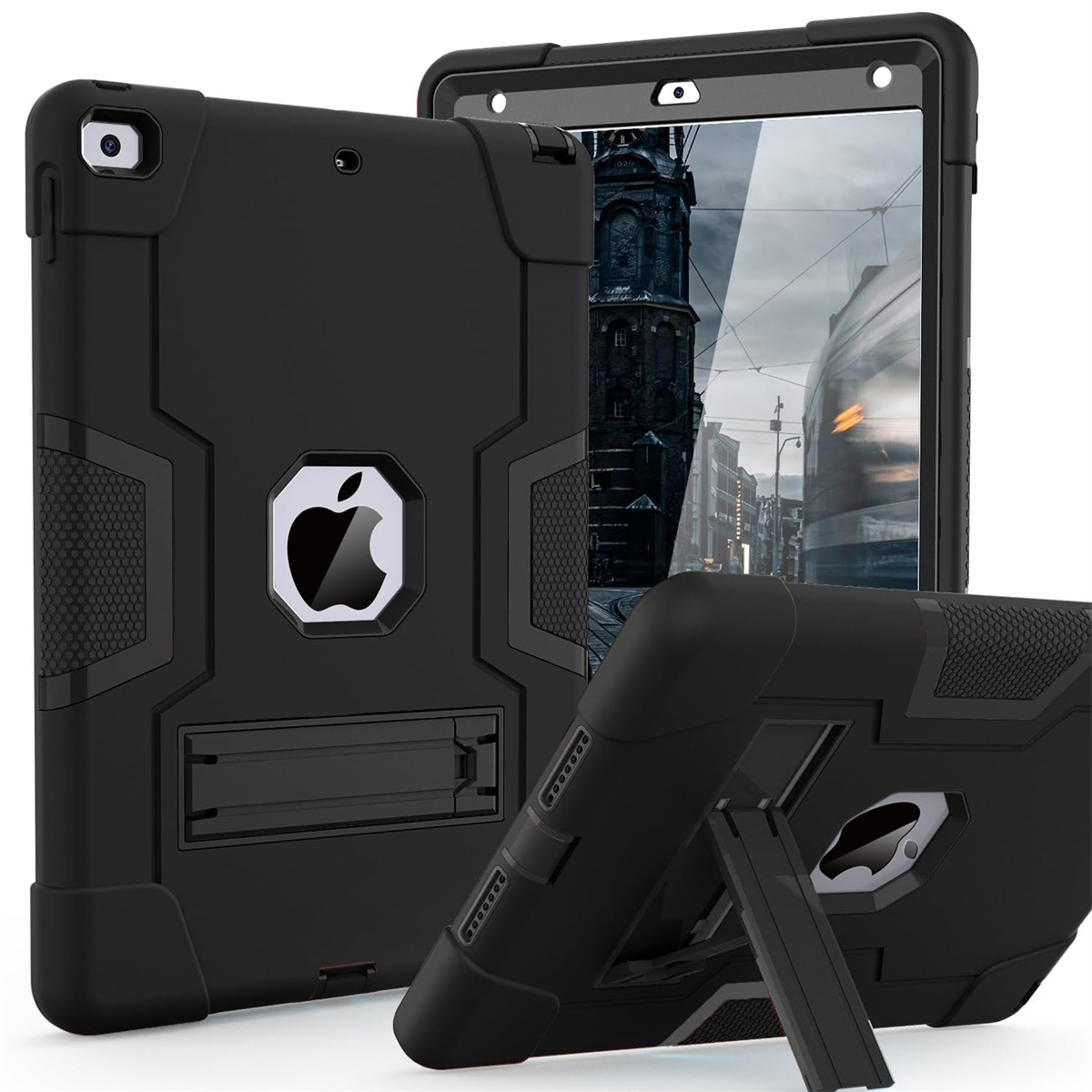 Drei schwarze Tablet-Hüllen mit Ständern, die ein schützendes Design und das Apple-Logo zeigen.
