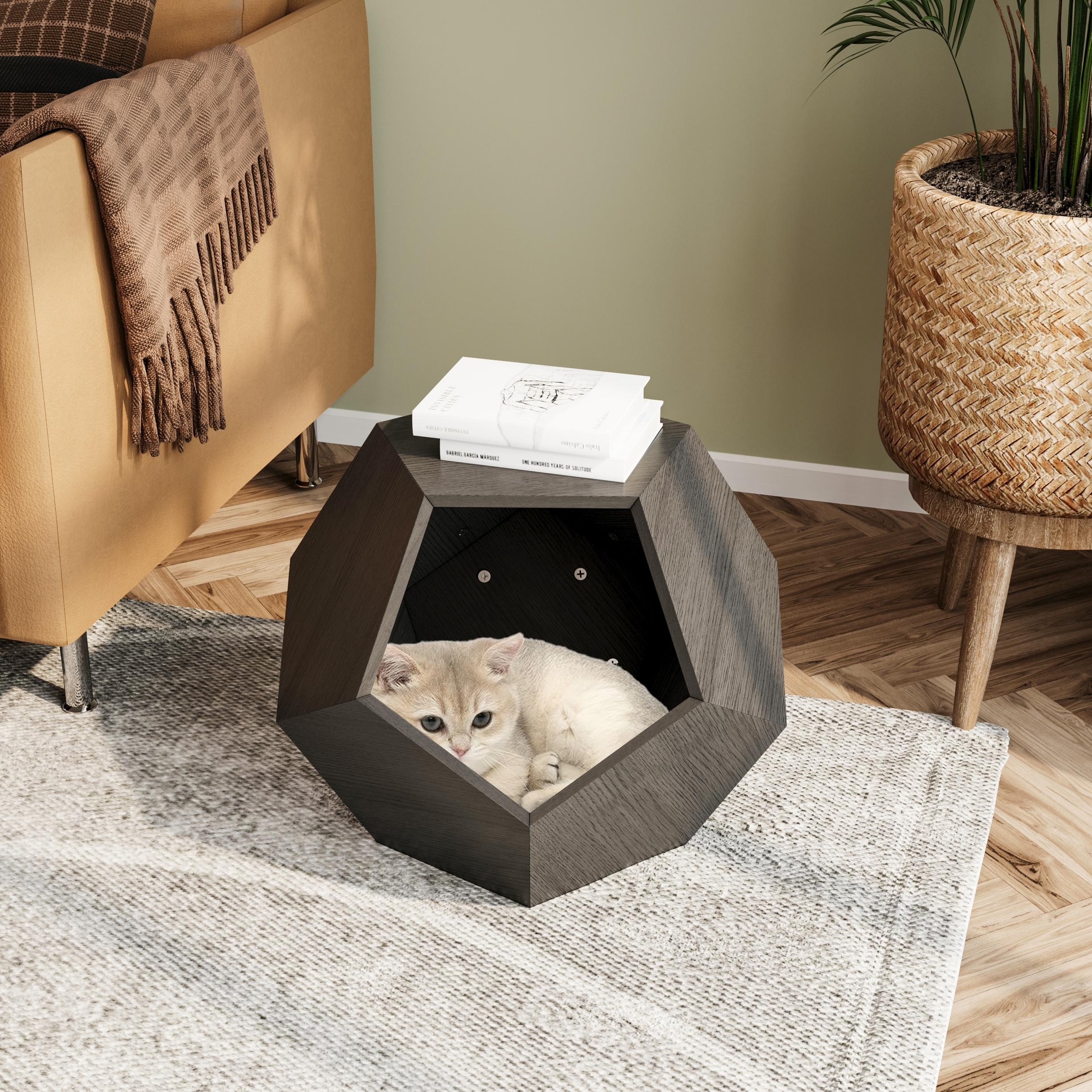 Eine Katze ruht in einem dodekaederförmigen Tisch, umgeben von Wohnzimmermöbeln und Dekoration.
