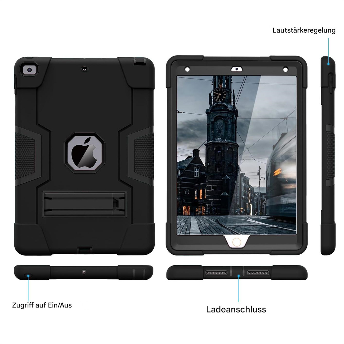 Eine schwarze Tablet-Hülle mit Aussparungen und einem Ständer, die eine Stadtstraßenszene auf dem Bildschirm zeigt.
