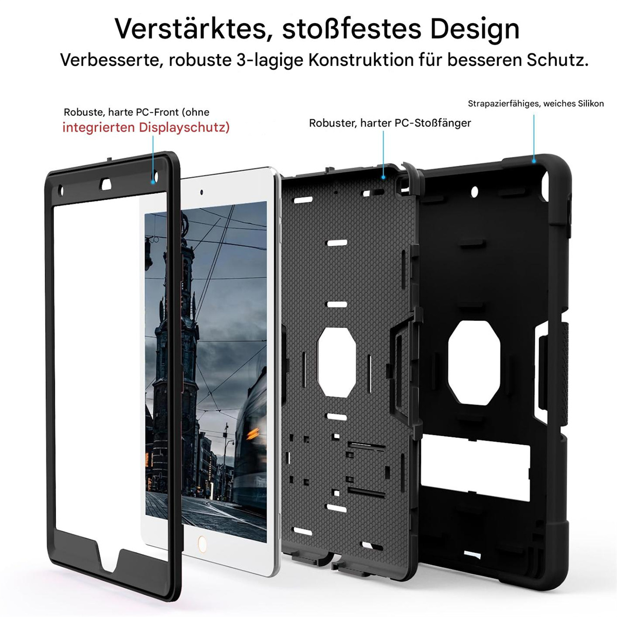 Explosionsansicht einer Tablet-Hülle, die ihre drei Schichten zeigt: Vorderseite, Mittelrahmen und Rückseite, für robusten Schutz.