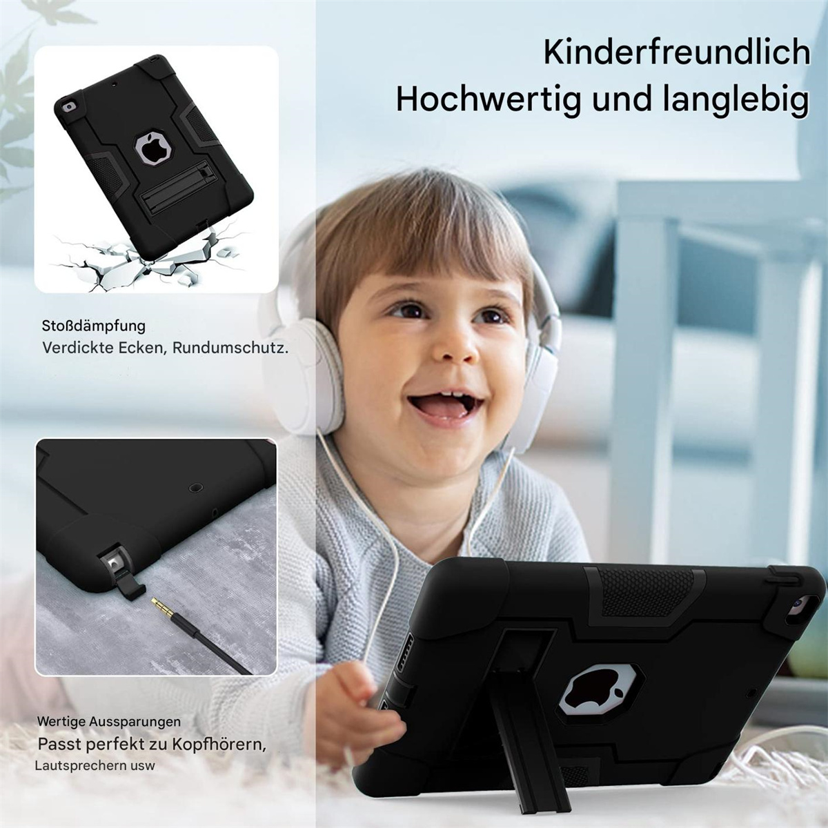 Ein Kind mit Kopfhörern lächelt, während es ein schwarzes Tablet in einer robusten Hülle mit integriertem Ständer benutzt.