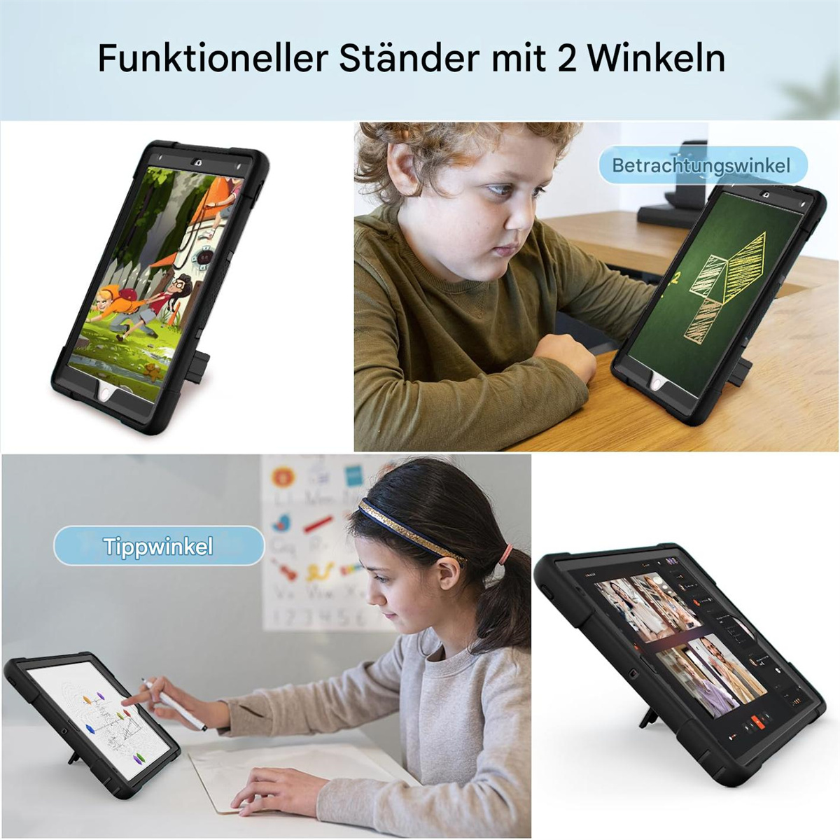 Collage eines schwarzen Tablets in einer robusten Hülle, das in verschiedenen Umgebungen verwendet wird und von seinem integrierten Ständer gestützt wird.