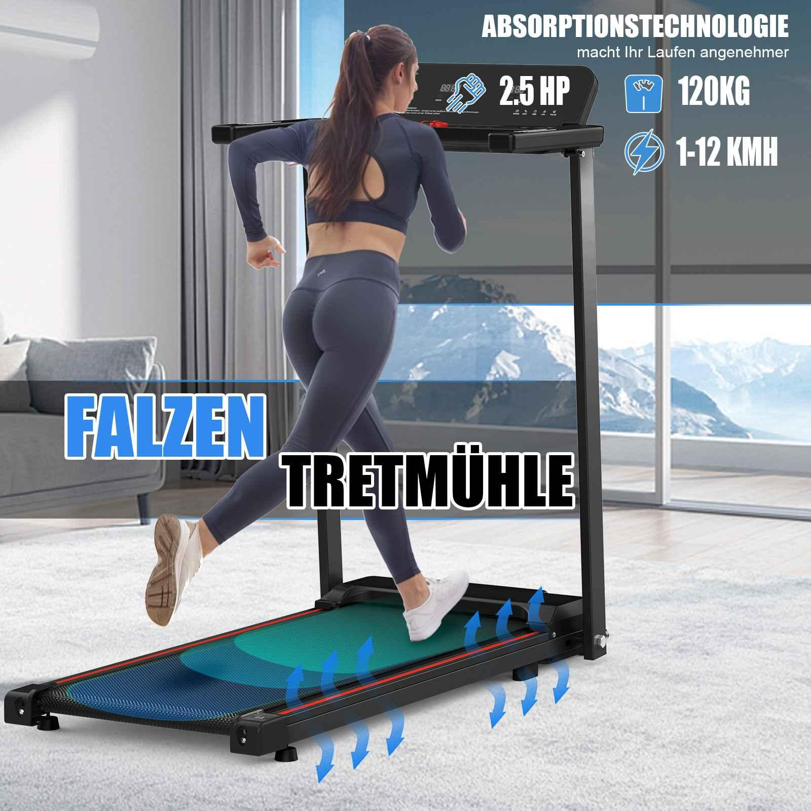 Frau in Sportkleidung läuft auf einem Laufband und zeigt Absorptionstechnologie- und Gewichtskapazitätsinformationen.