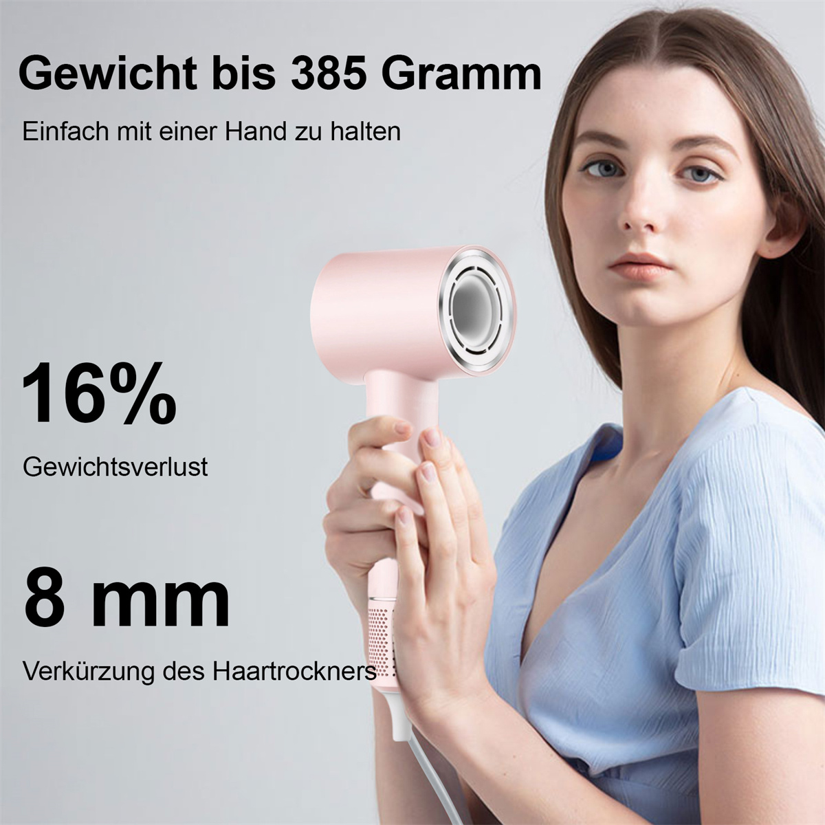 Frau, die einen rosa Haartrockner hält, mit Text, der das leichte Design und die kompakte Größe für eine einfache Handhabung hervorhebt.