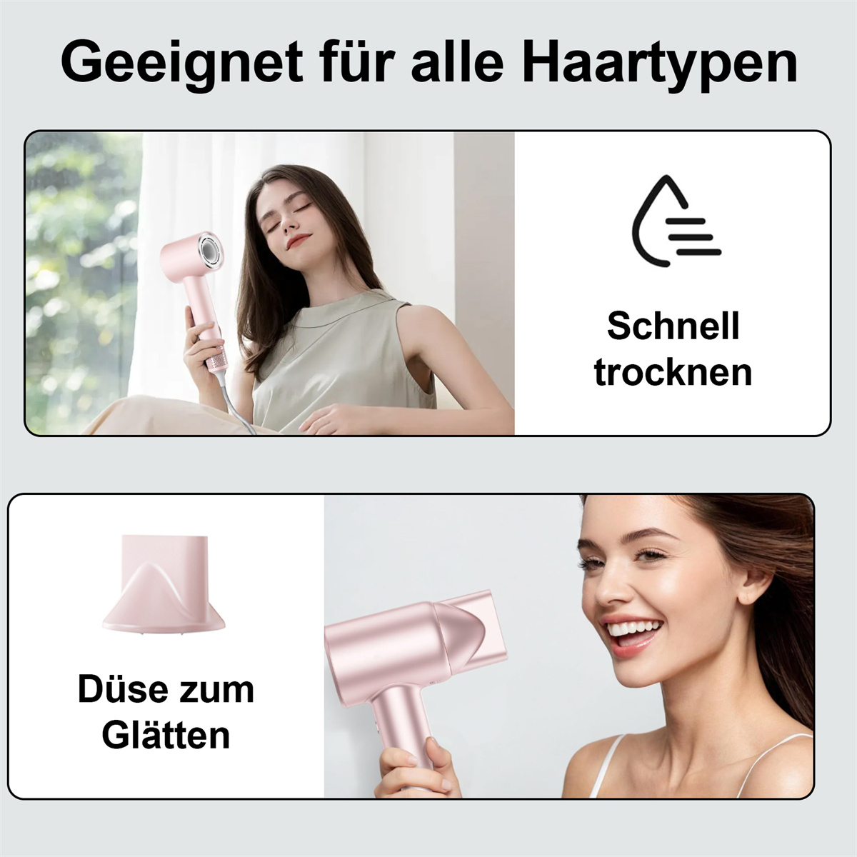 Collage mit einem rosa Haartrockner, einer Düse und Frauen, das seine Eignung für alle Haartypen und die schnelle Trocknung hervorhebt.