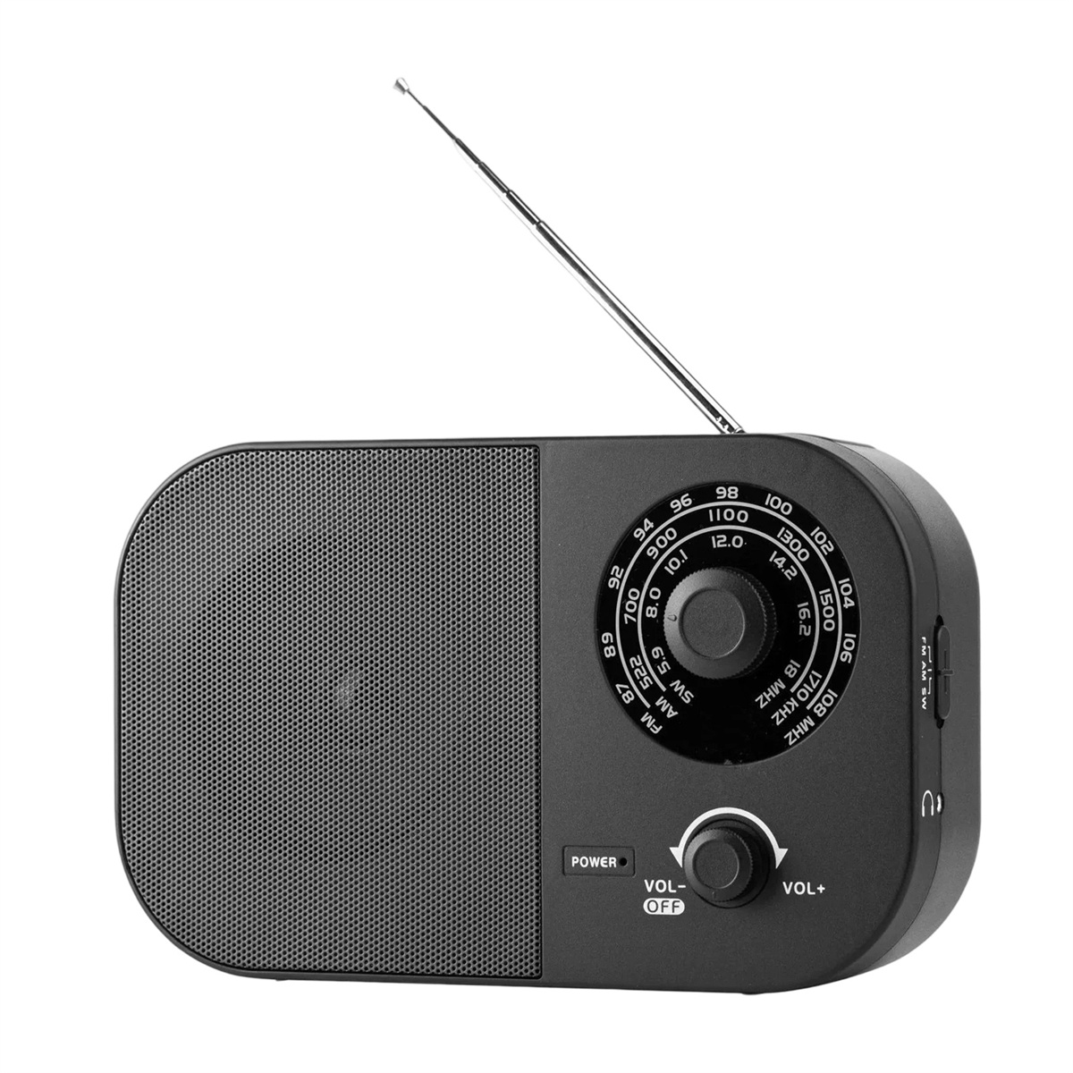 Ein schwarzes tragbares Radio mit Lautsprechergitter, Abstimmknopf und Antenne auf weißem Hintergrund.