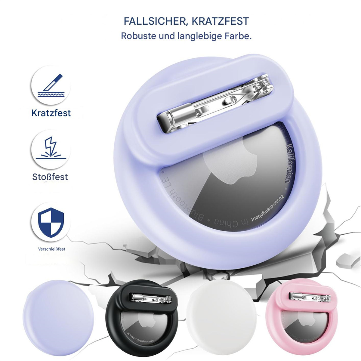 Lila Apple AirTag-Halter mit Sicherheitsnadel, dargestellt mit Symbolen für Kratz-, Stoß- und Verschleißfestigkeit.