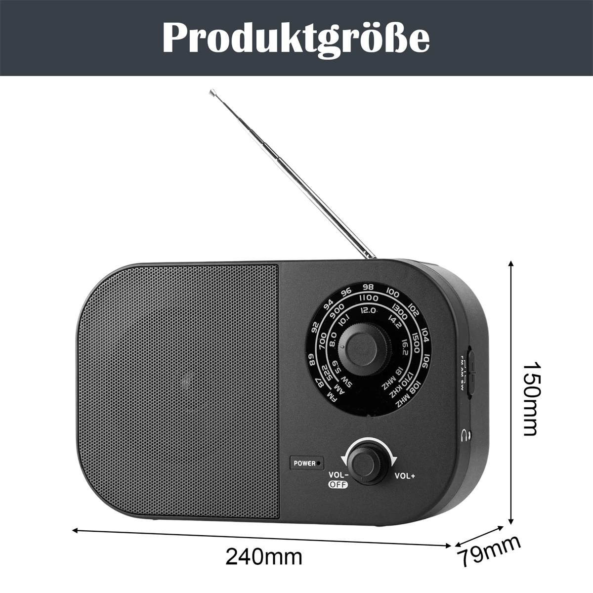 Schwarzes Radio mit ausgefahrener Antenne, das die Produktabmessungen von 240 mm x 79 mm x 150 mm zeigt.