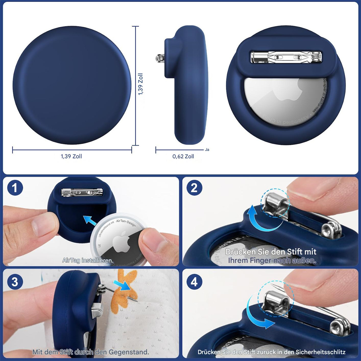 Blauer Apple AirTag-Halter mit Abmessungen und Montageanleitung, der zeigt, wie man den AirTag installiert und sichert.