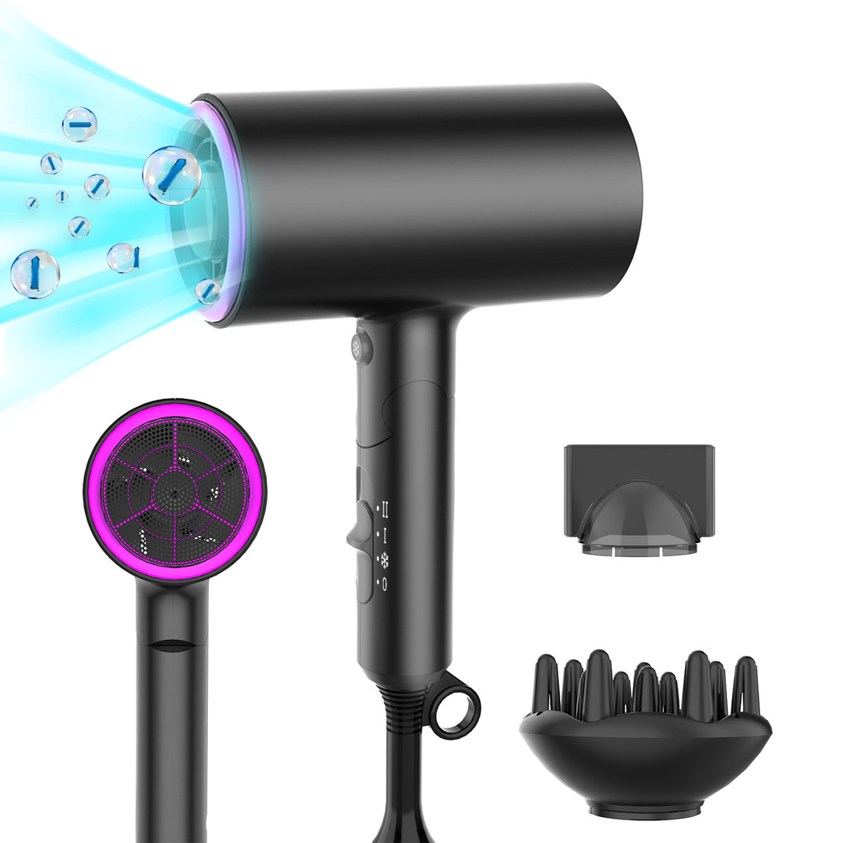 Un asciugacapelli nero con luce blu e accessori, tra cui un diffusore e un concentratore.