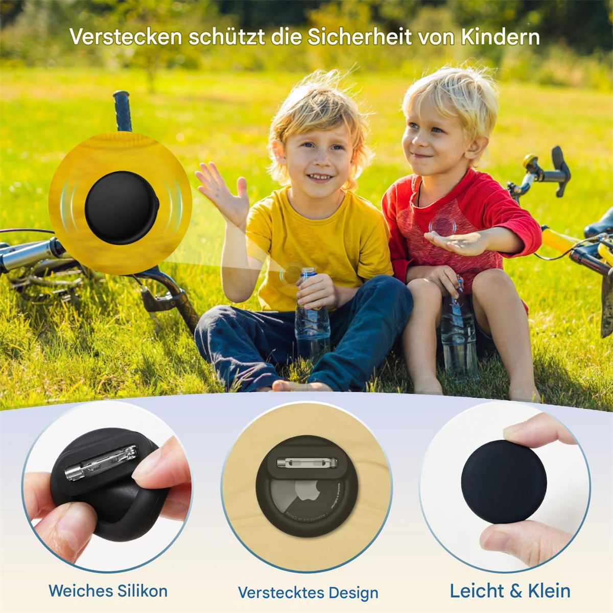 Das Bild zeigt einen AirTag-Halter an Kindern und Fahrrädern, wobei das weiche Silikon, das versteckte Design und die geringe Größe hervorgehoben werden.