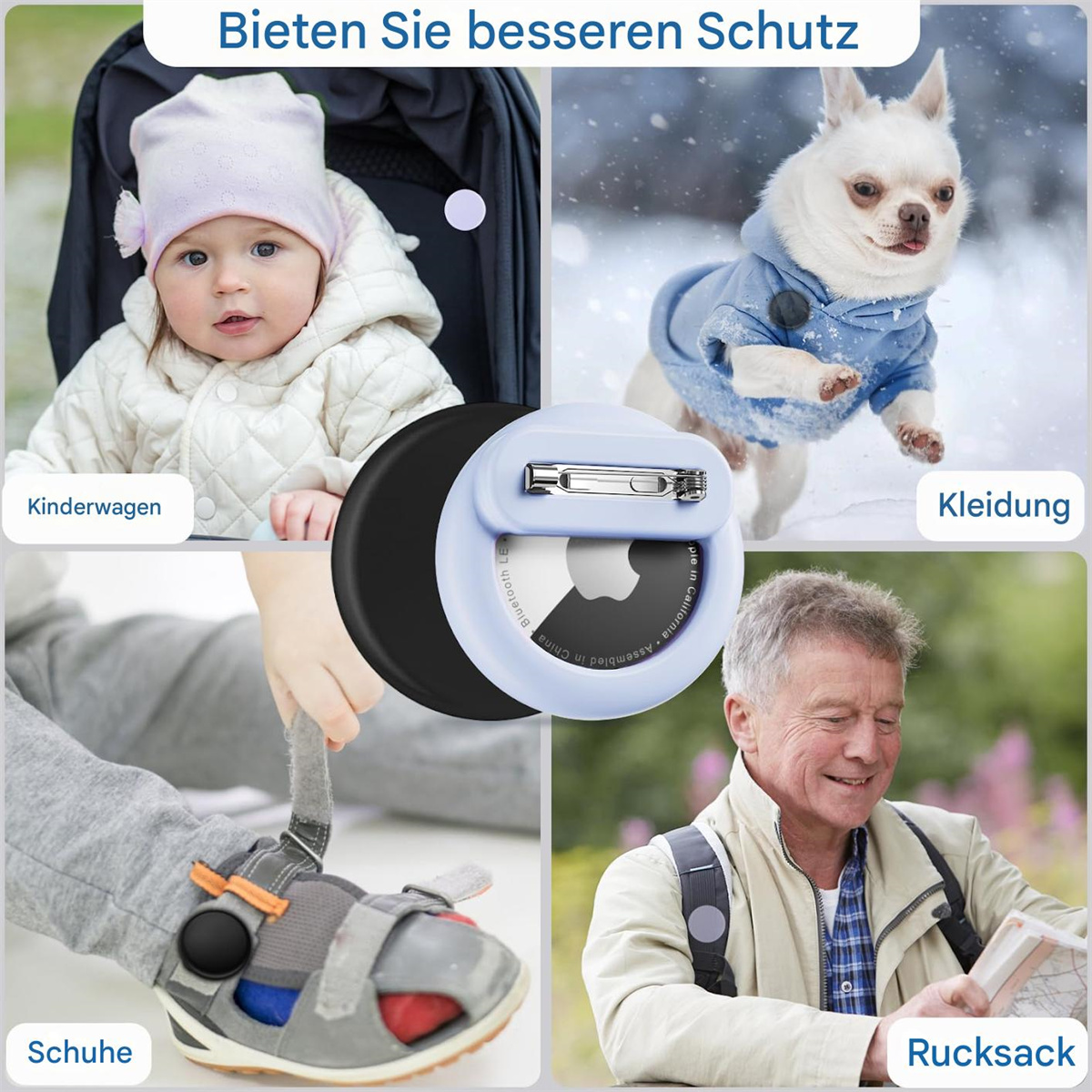 Collage, das die Verwendung des AirTag-Halters zeigt: an einem Kinderwagen, Hundekleidung, Schuh und Rucksack für besseren Schutz.