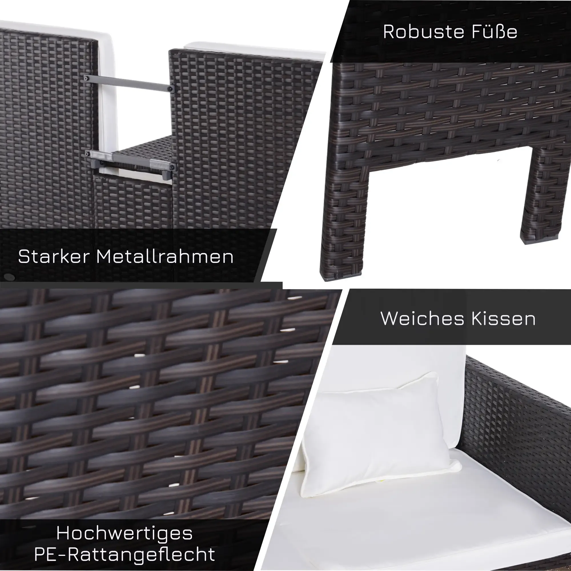 Nahaufnahmen eines braunen, gewebten Sitzgruppen-Sets im Freien mit weißen Kissen und Metallrahmen.