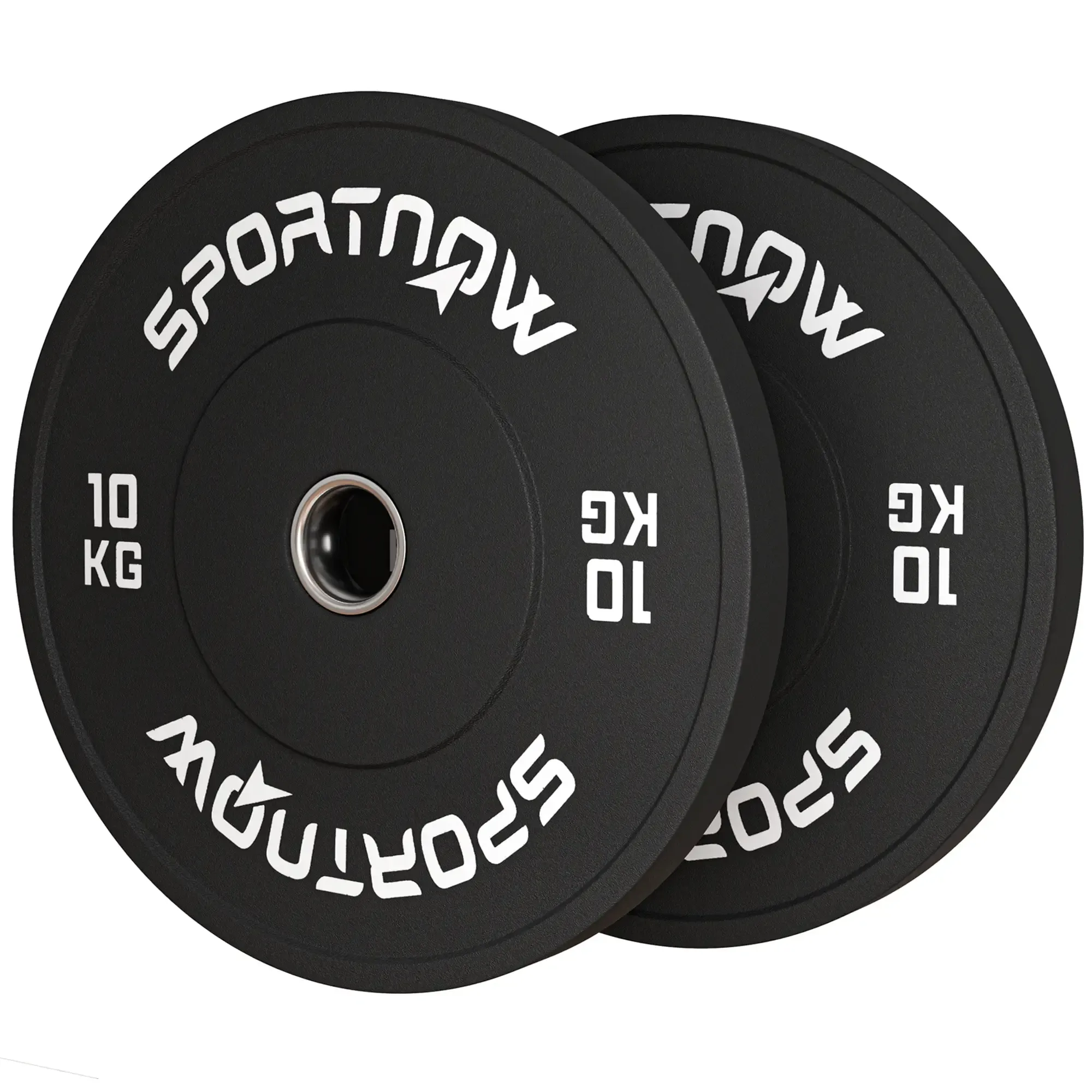 Zwei schwarze 10-kg-Gewichtsscheiben mit weißem "Sportnow"-Branding.