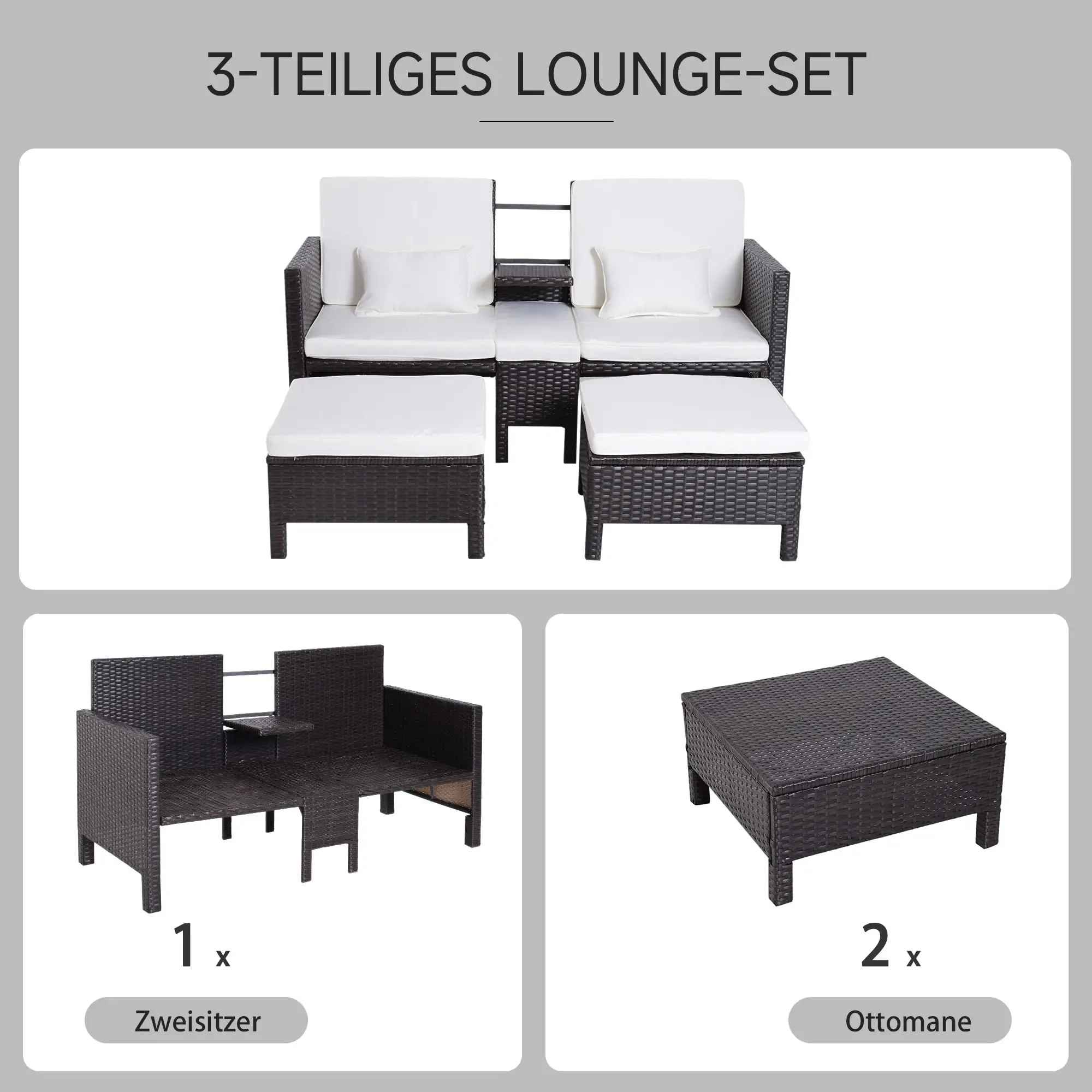 Diagramm eines 3-teiligen Lounge-Sets aus braunem Korbgeflecht, einschließlich Sofa, zwei Ottomanen und Tisch.