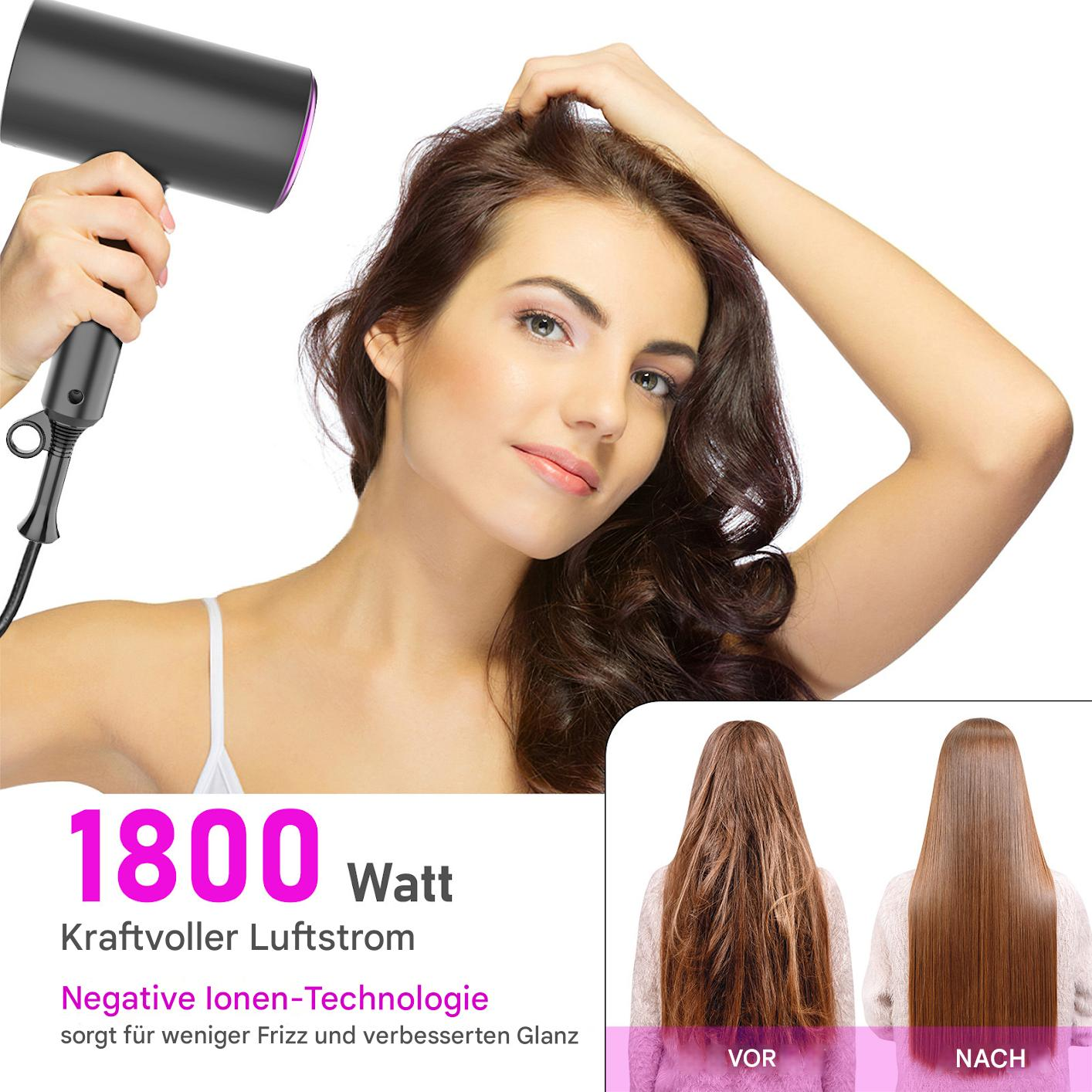 Una donna usa un asciugacapelli nero, dimostrando la trasformazione dei capelli.