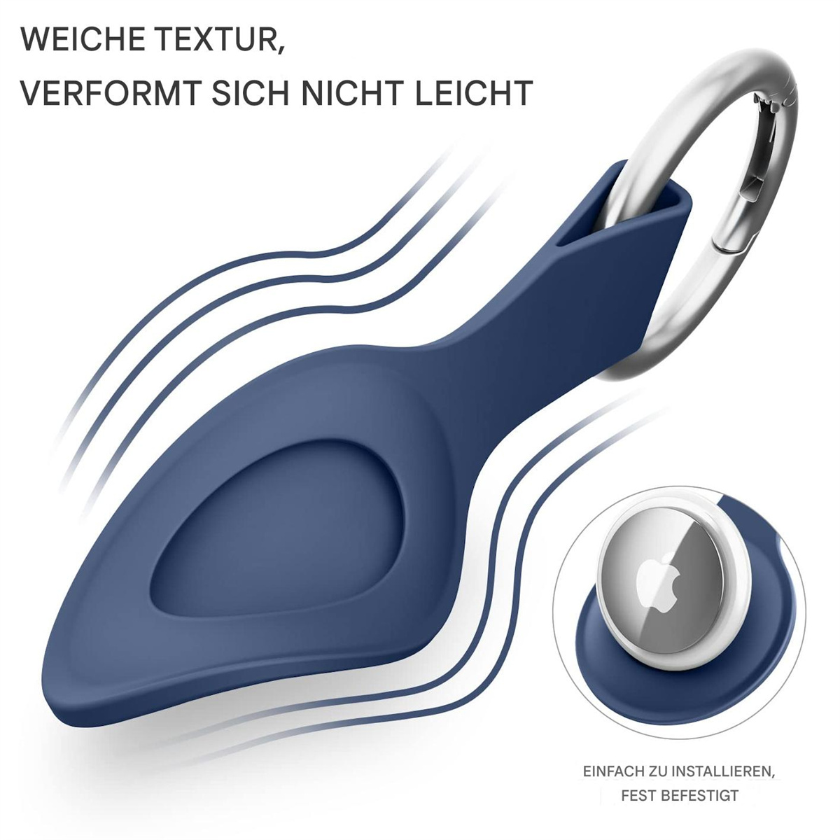Eine blaue AirTag-Hülle mit silbernem Schlüsselring und AirTag-Einsatz, die ihre flexible Textur zeigt.