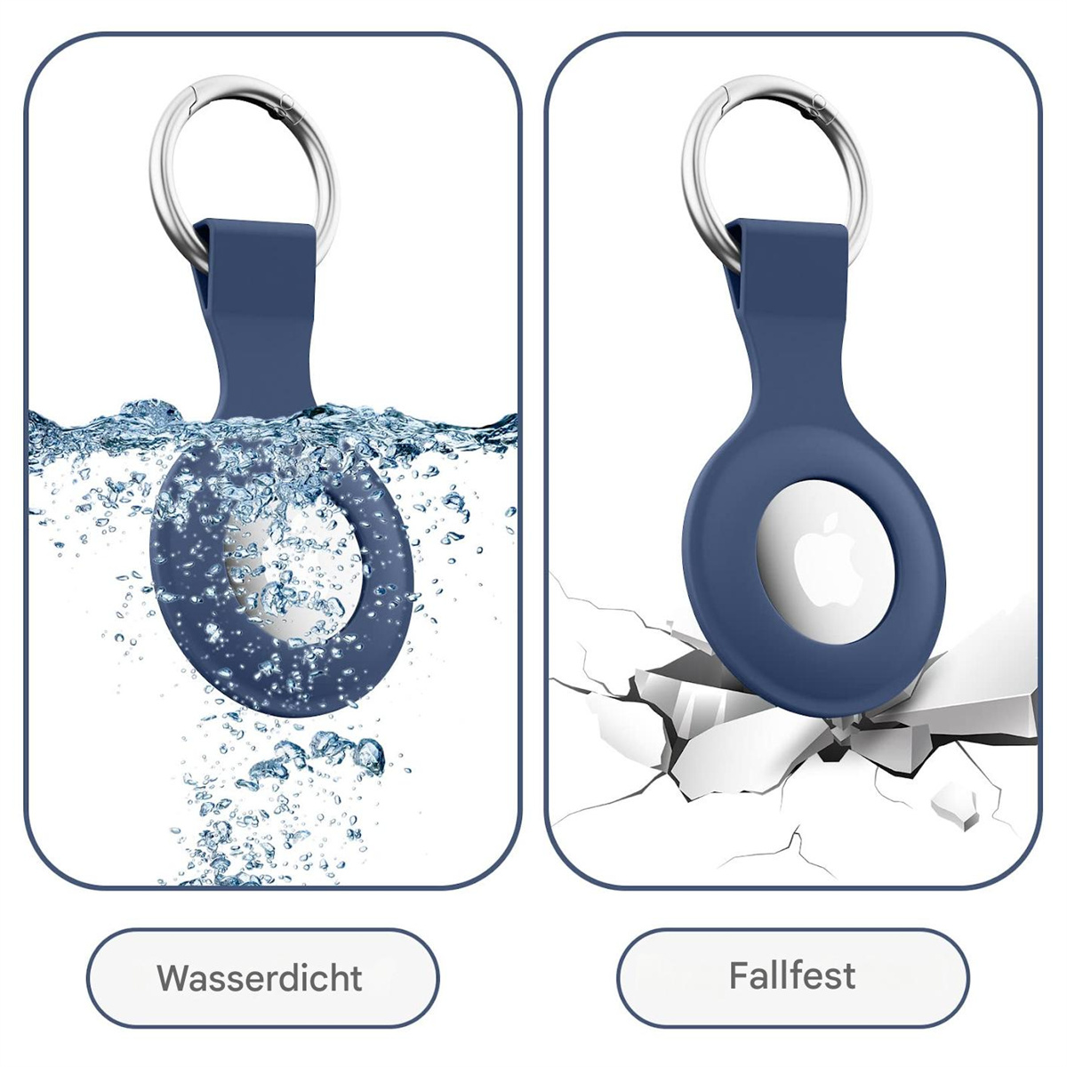 Zwei Bilder zeigen einen blauen AirTag im Wasser und einen anderen, der durch Beton bricht, was seine Haltbarkeit unterstreicht.