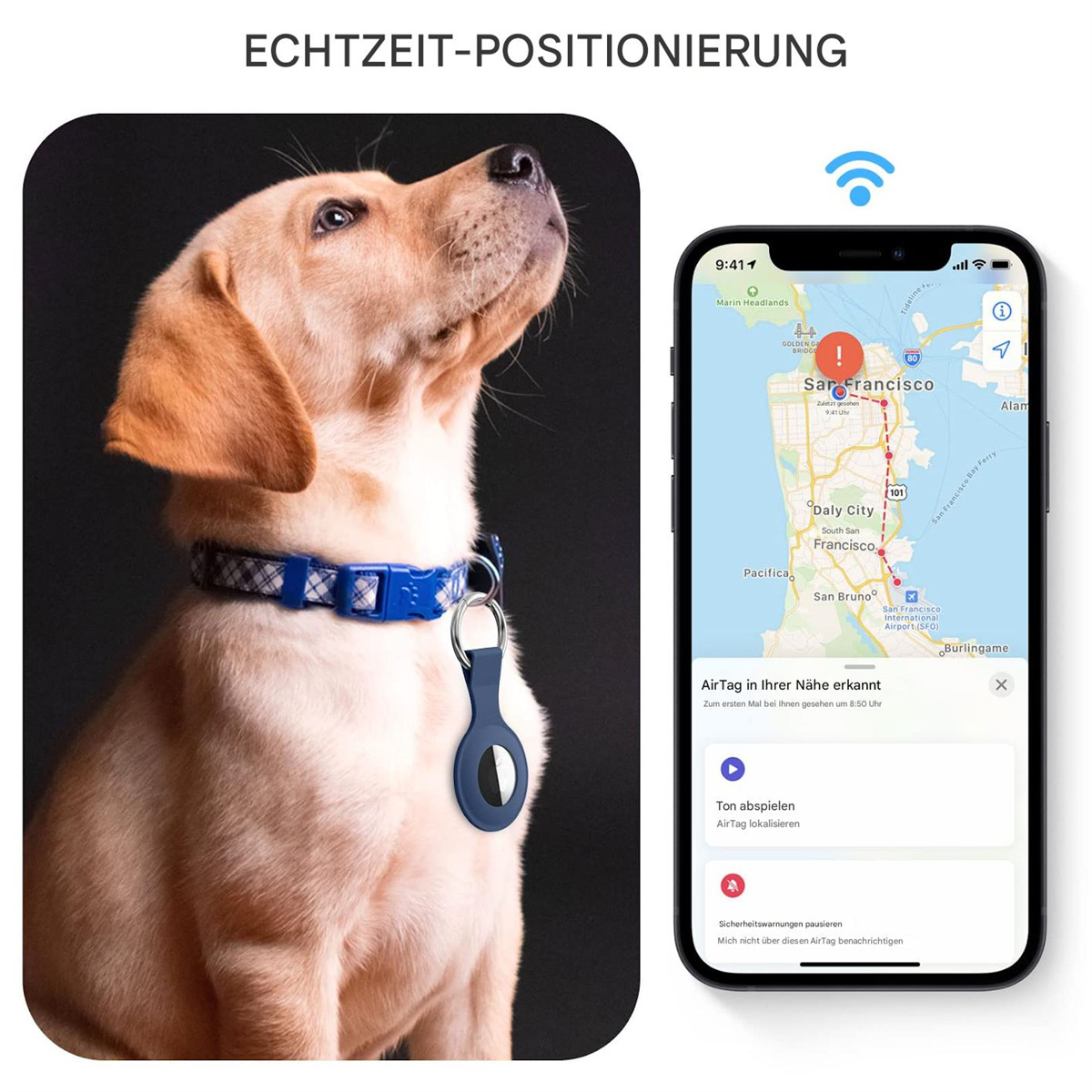 Ein Hund trägt ein blaues AirTag-Halsband neben einer Smartphone-Karte, die seinen Standort verfolgt.