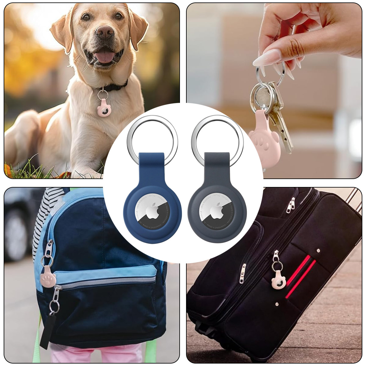 Collage mit AirTags, die an einem Hund, Schlüsseln, einem Rucksack und Gepäck zur Ortung verwendet werden.