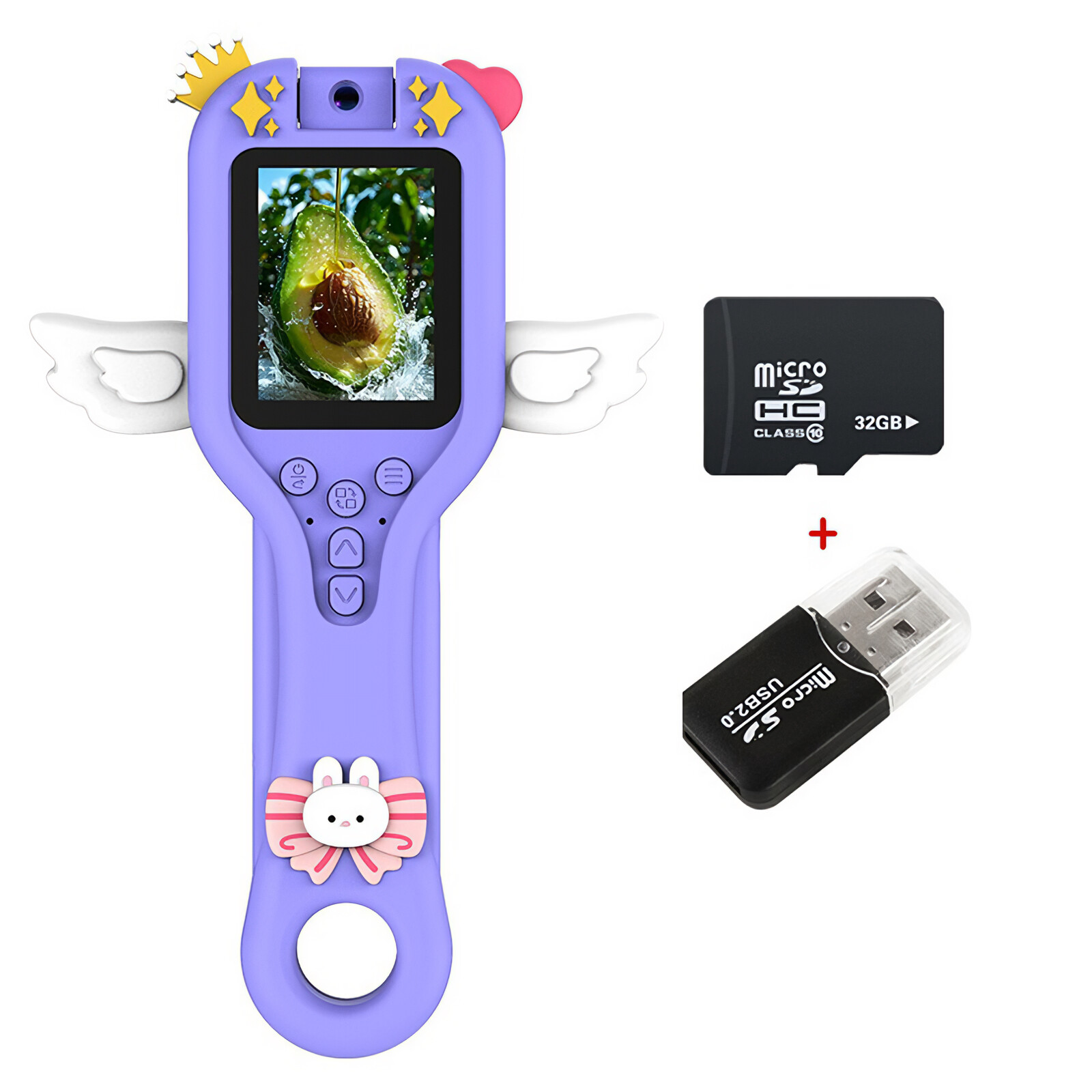 Eine lila Kinderkamera im Einhorn-Design mit einer Speicherkarte und einem USB-Laufwerk wird auf Weiß gezeigt.