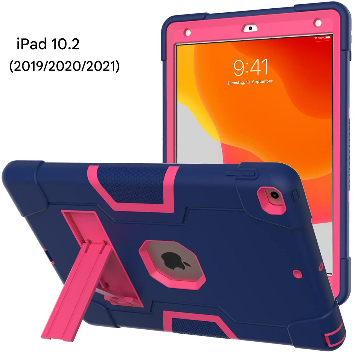Das Bild zeigt ein iPad 10.2 in einer blau-rosa Schutzhülle, das Datum und Uhrzeit auf seinem Bildschirm anzeigt.