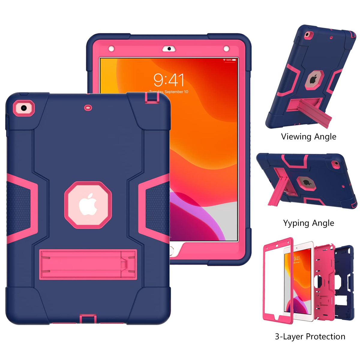 Das Bild zeigt eine blau-rosa iPad-Hülle aus verschiedenen Blickwinkeln und hebt die Funktionen des Betrachtungs- und Tippständers hervor.