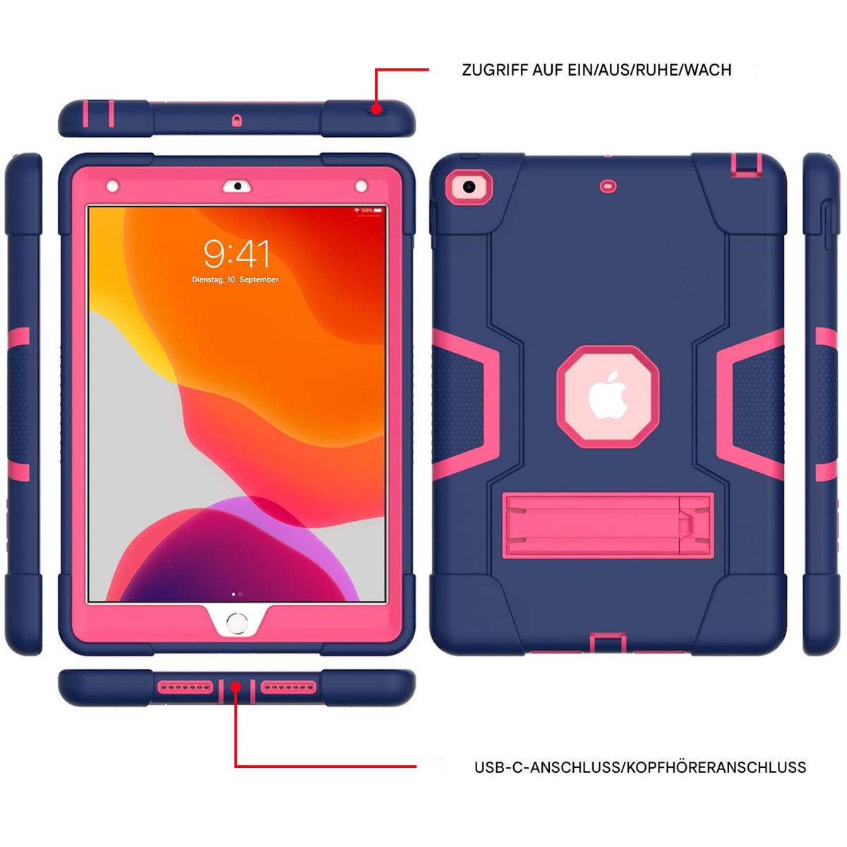 Das Bild zeigt ein iPad in einer blau-rosa Hülle, die die Zugangspunkte für USB-C, Kopfhörer sowie Ein/Aus- und Ruhefunktionen hervorhebt.