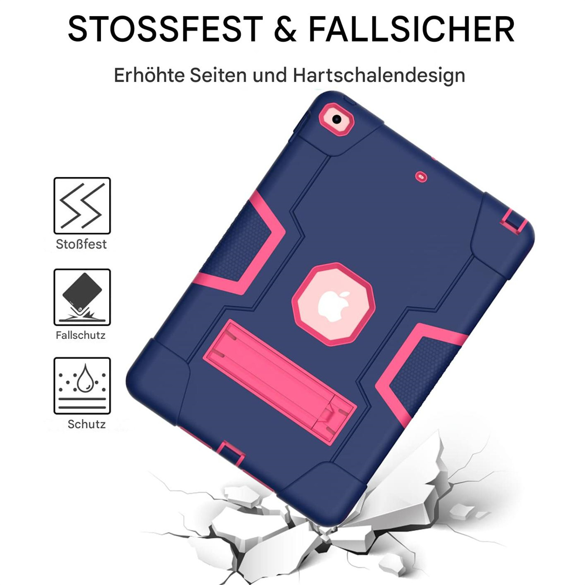 Das Bild zeigt eine blau-rosa iPad-Hülle, die für Stoß- und Fallschutz ausgelegt ist und auf einer rissigen Oberfläche dargestellt wird.
