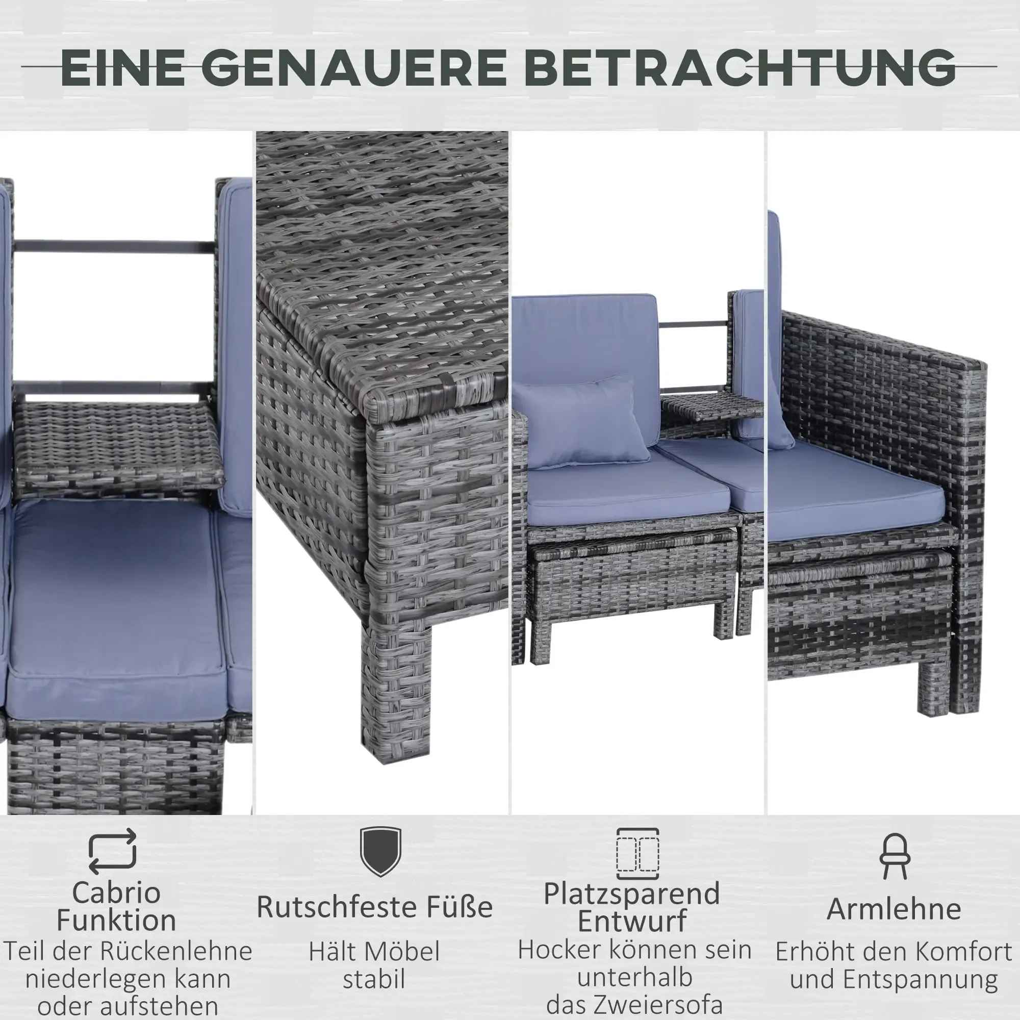 Nahaufnahme eines grauen Rattan-Gartenmöbel-Sets, das Details zu seiner umwandelbaren Rückenlehne, Stauraum und Armlehne zeigt.