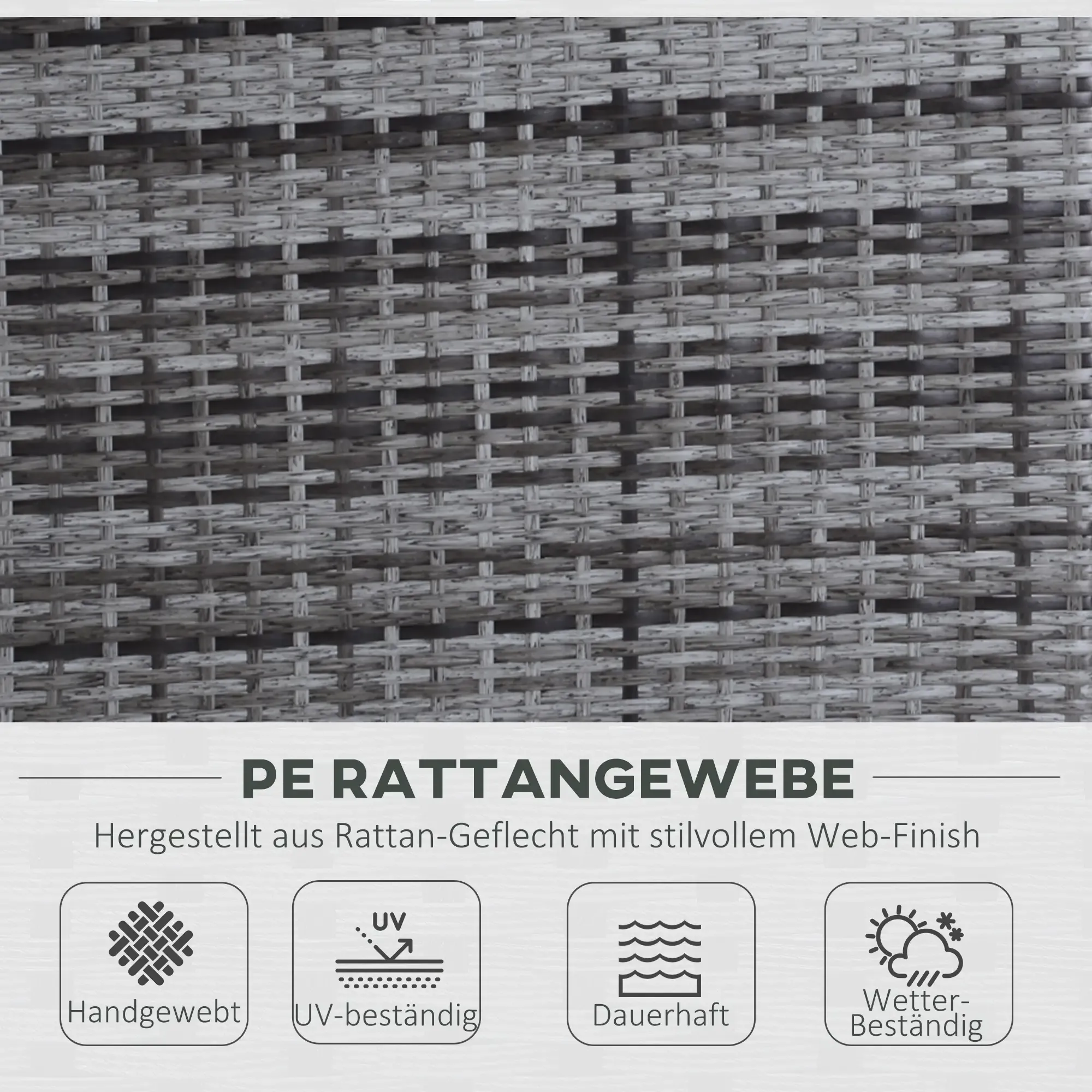 Nahaufnahme von grauem, gewebtem Rattan mit einem Etikett, das auf Strapazierfähigkeit, UV-Beständigkeit und Wetterfestigkeit hinweist.
