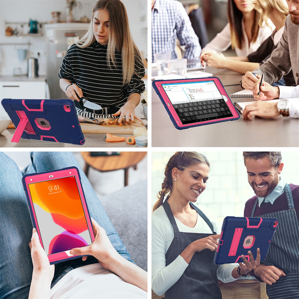 Das Bild ist eine Collage, die ein iPad in einer blau-rosa Hülle zeigt, das in verschiedenen Alltagssituationen verwendet wird.