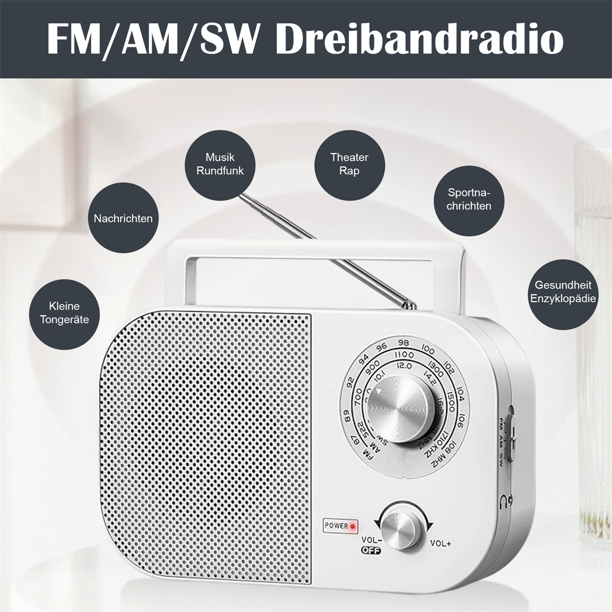 Das Bild zeigt ein weißes FM/AM/SW-Radio mit Beschriftungen, die auf Musik-, Nachrichten-, Sport- und Gesundheitsenzyklopädiefunktionen hinweisen.