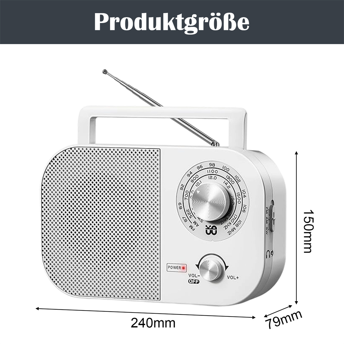 Das Bild zeigt die Abmessungen eines weißen tragbaren Radios mit sichtbarer Antenne.