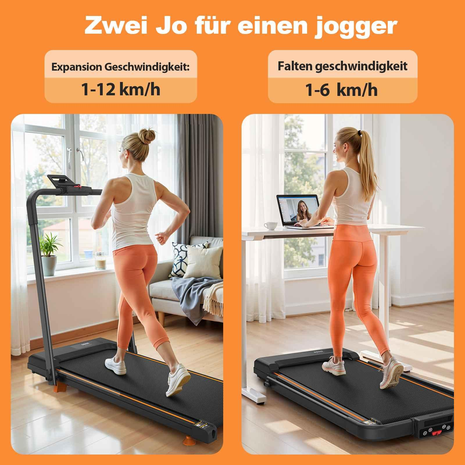 Geteiltes Bild einer Frau, die auf einem Laufband joggt und geht, wobei die Ausdehnungs- und Faltgeschwindigkeiten dargestellt werden.
