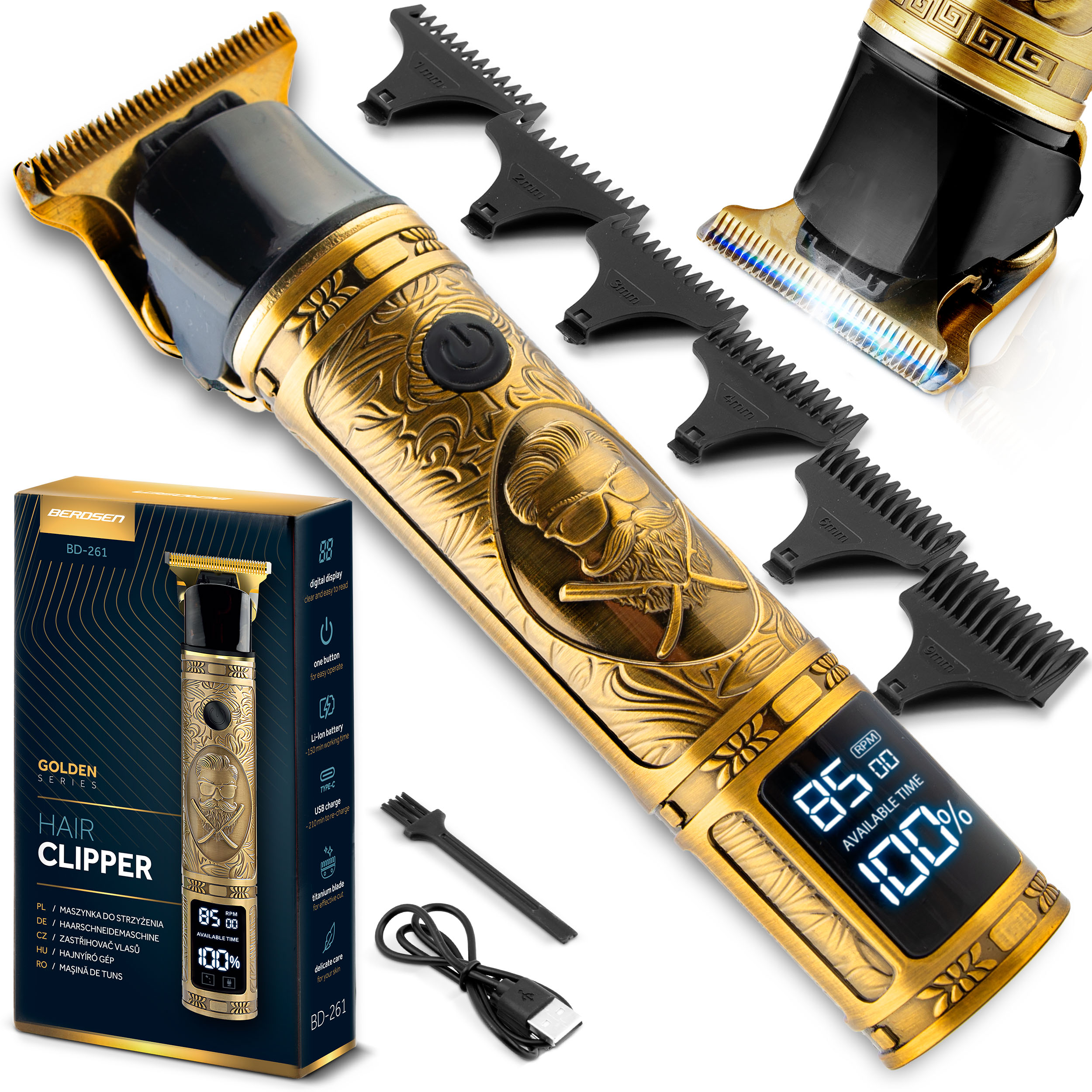 Złoto-czarna maszynka do strzyżenia włosów z nasadkami, szczotką i kablem ładującym na białym tle.