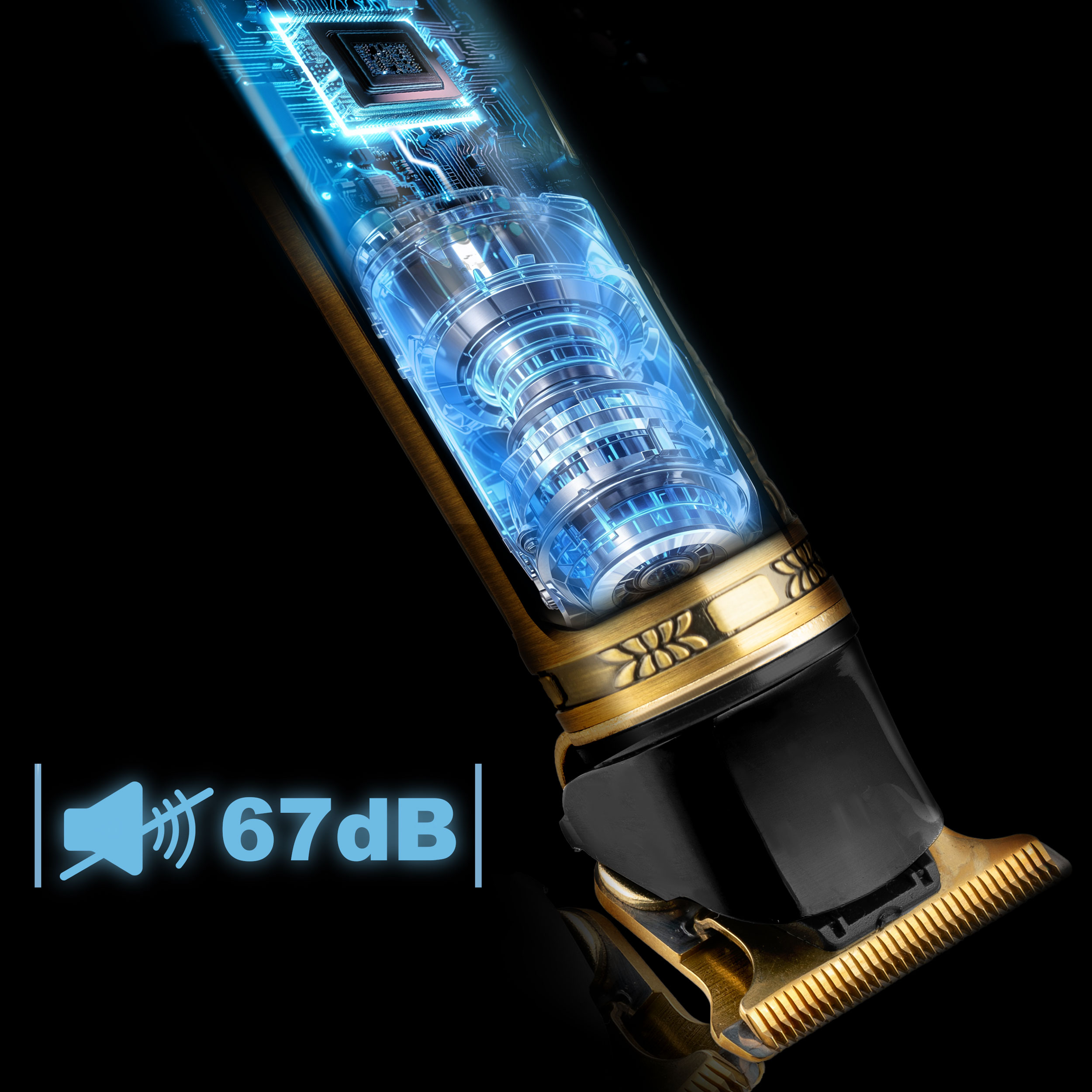 Zbliżenie czarno-złotej maszynki do strzyżenia włosów pokazujące wewnętrzne komponenty i poziom dźwięku 67dB.