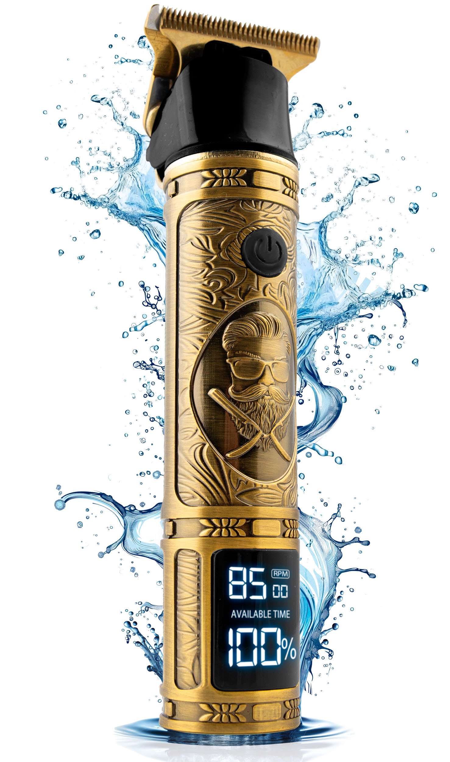 Złoto-czarna maszynka do strzyżenia włosów z ekranem LCD, otoczona rozpryskami wody na białym tle.