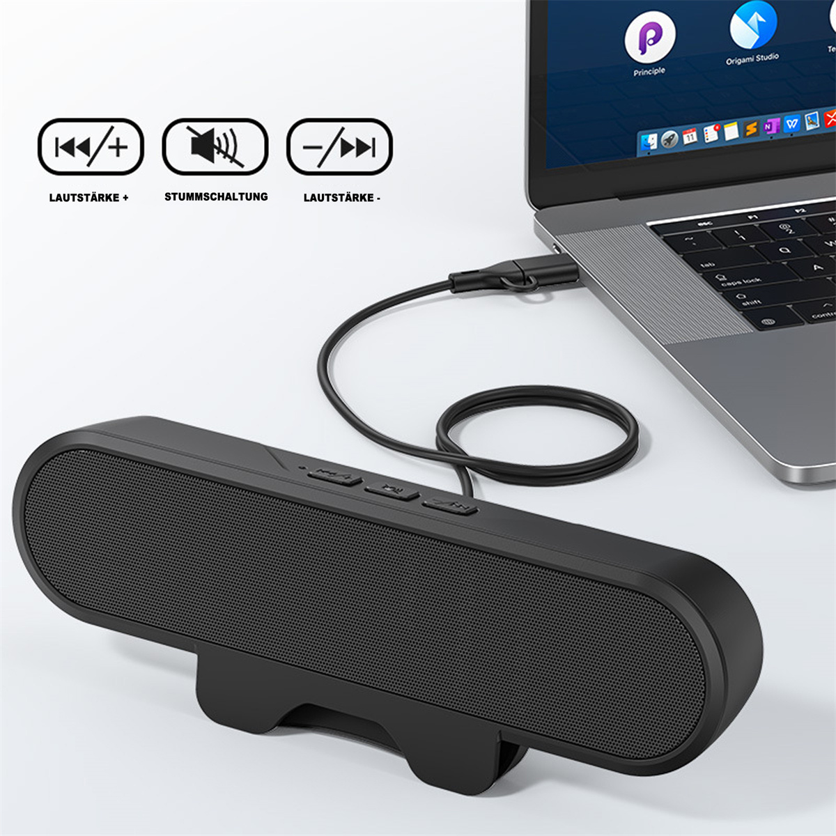 Eine schwarze Soundbar, die mit einem Laptop mit Lautstärkereglersymbolen verbunden ist.