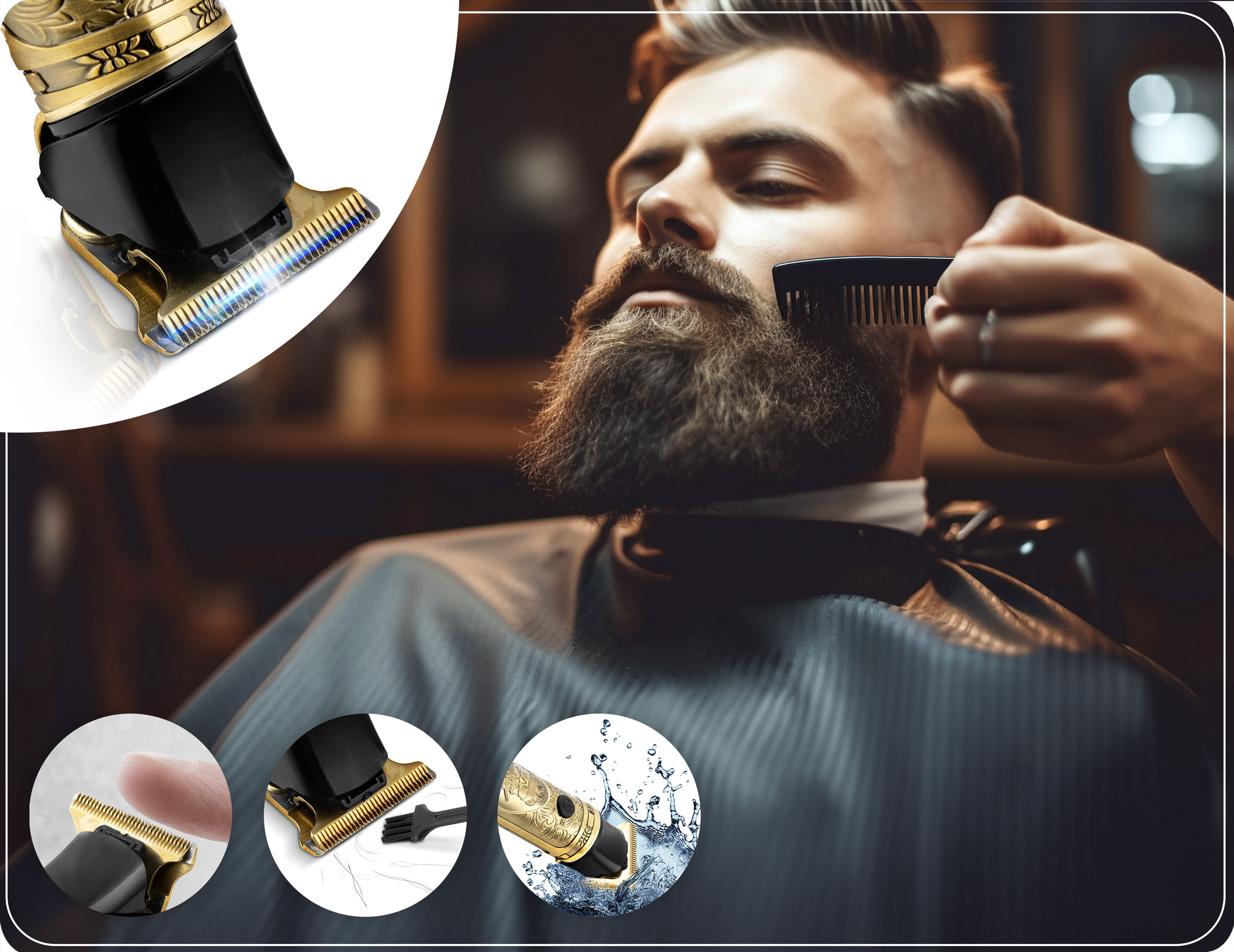 Mężczyzna przycina brodę złotą i czarną maszynką do strzyżenia włosów w salonie fryzjerskim.
