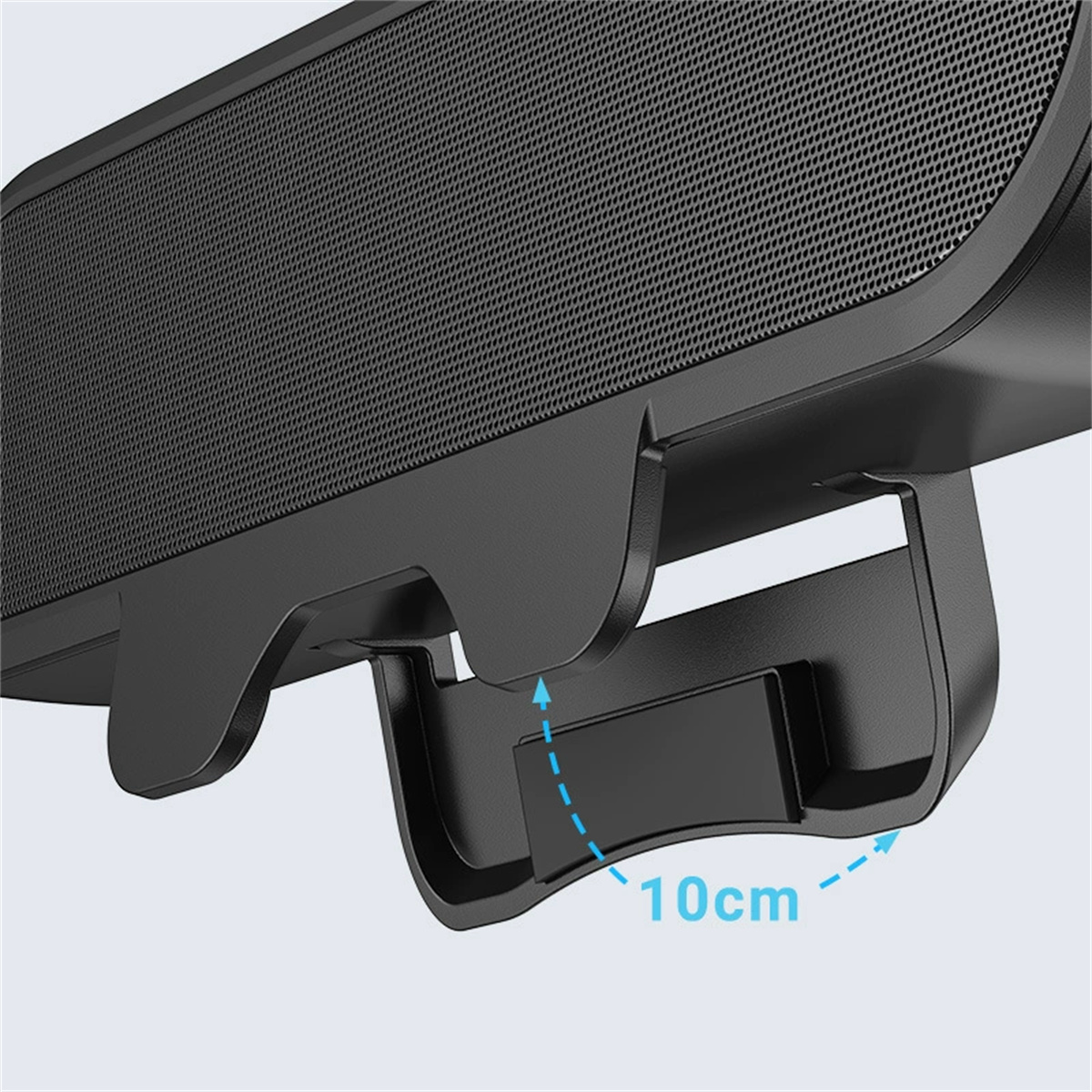 Nahaufnahme einer schwarzen Soundbar mit sichtbarem, verstellbarem Clip vor einem hellblauen Farbverlauf.
