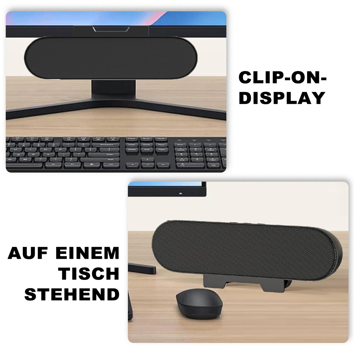 Zwei Bilder zeigen eine schwarze Soundbar, die an einem Monitor befestigt ist und auf einem Schreibtisch mit Tastatur und Maus steht.