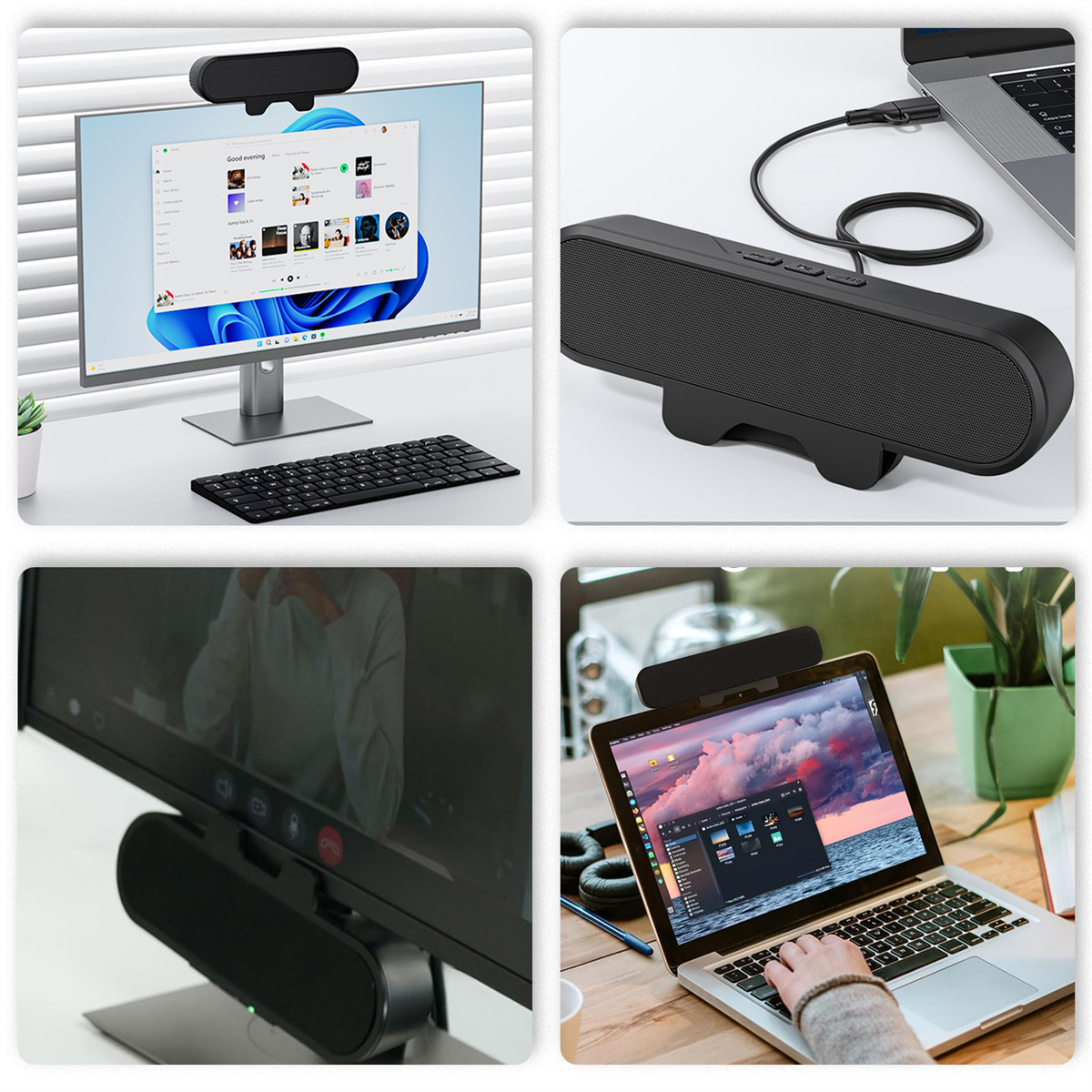 Collage aus vier Bildern, die eine schwarze Soundbar zeigen, die in verschiedenen Konfigurationen an einem Monitor und Laptop befestigt ist.