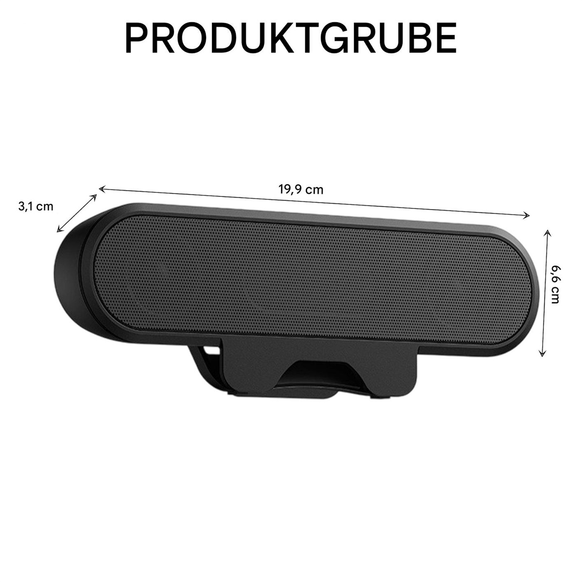 Das Bild zeigt die Abmessungen einer schwarzen Soundbar: 3,1 cm, 19,9 cm und 6,6 cm vor einem weißen Hintergrund.