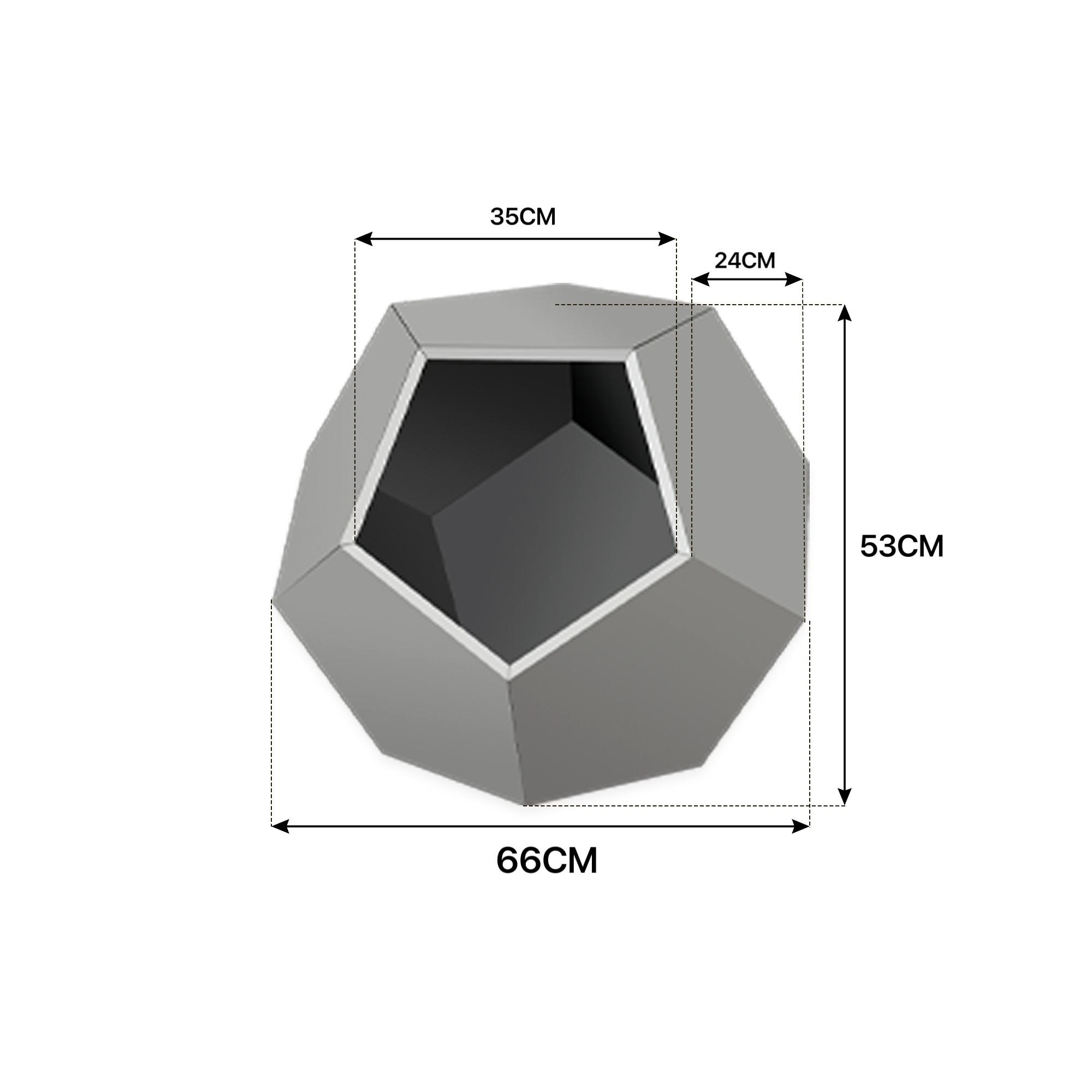 Eine graue, dodekaederförmige Box wird mit den Maßen 35 cm, 24 cm, 53 cm und 66 cm vor einem weißen Hintergrund angezeigt.