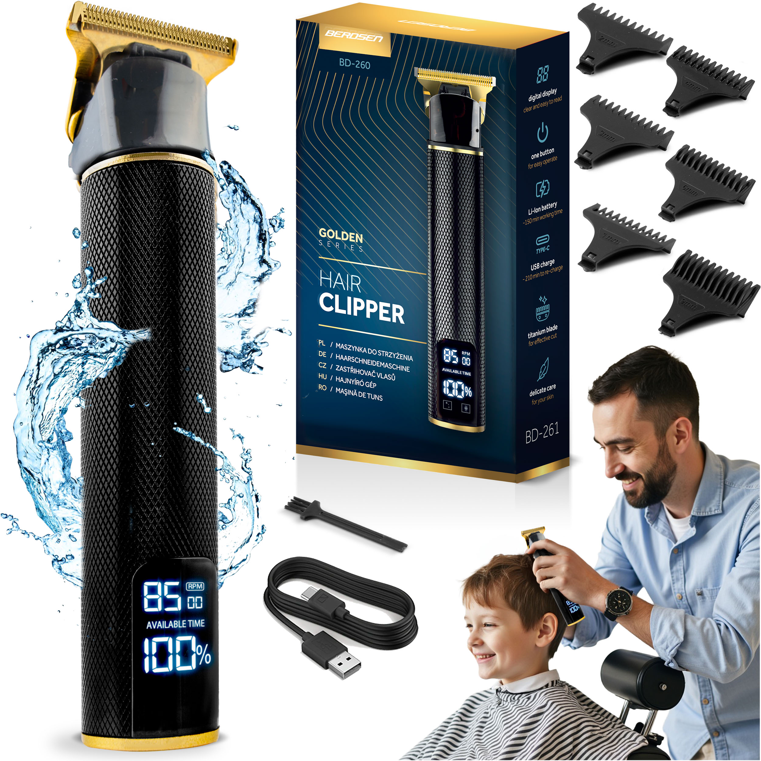 Czarna maszynka do strzyżenia włosów, akcesoria i dziecko strzyżone, z rozpryskami wody i opakowaniem.